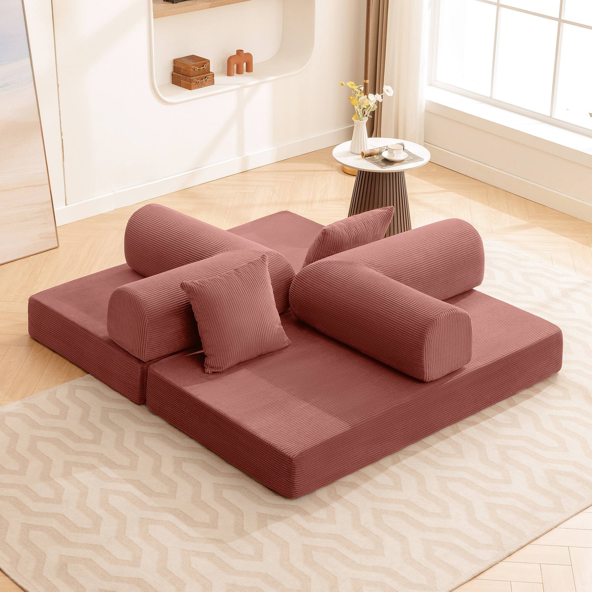 Left. KERDOM - 62'' Wide Corduroy Sleeper Sofa Bed, Convertible Loveseat Sofa With Pull-out Bed, Foldable Spliced Block Lounge Couch - Pink.