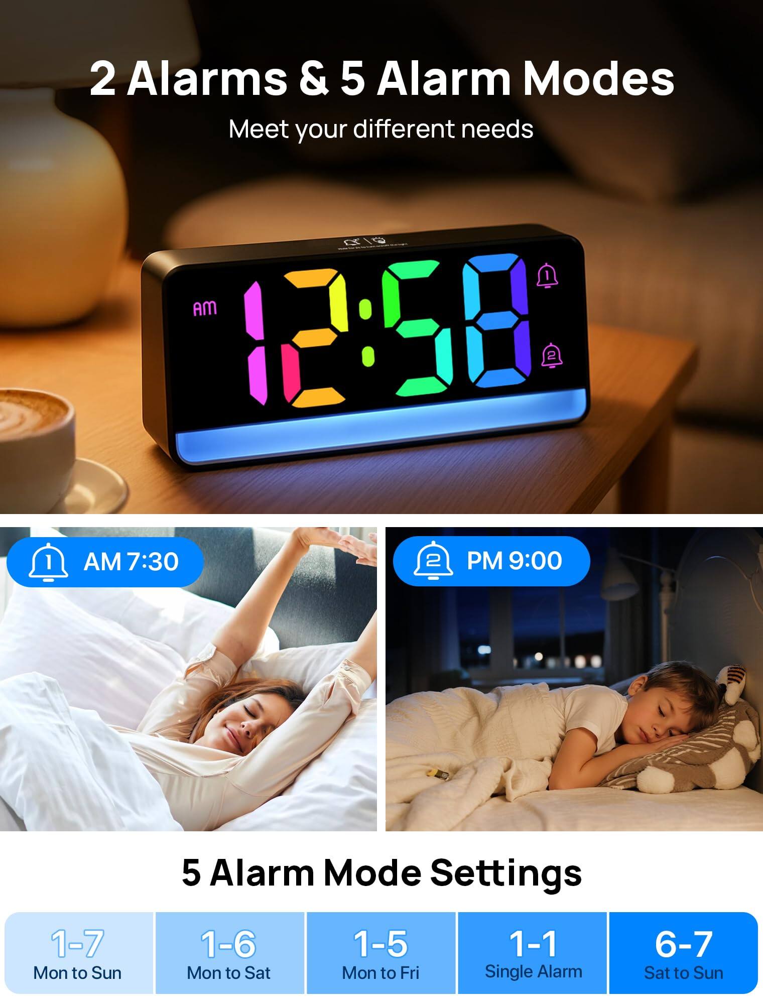 2 Alarms & 5 Alarm Modes  
Meet your different needs  

5 Alarm Mode Settings  
1-7 Mon to Sun  
1-6 Mon to Sat  
1-5 Mon to Fri  
1-1 Single Alarm  
6-7 Sat to Sun  

AM 7:30  
PM 9:00