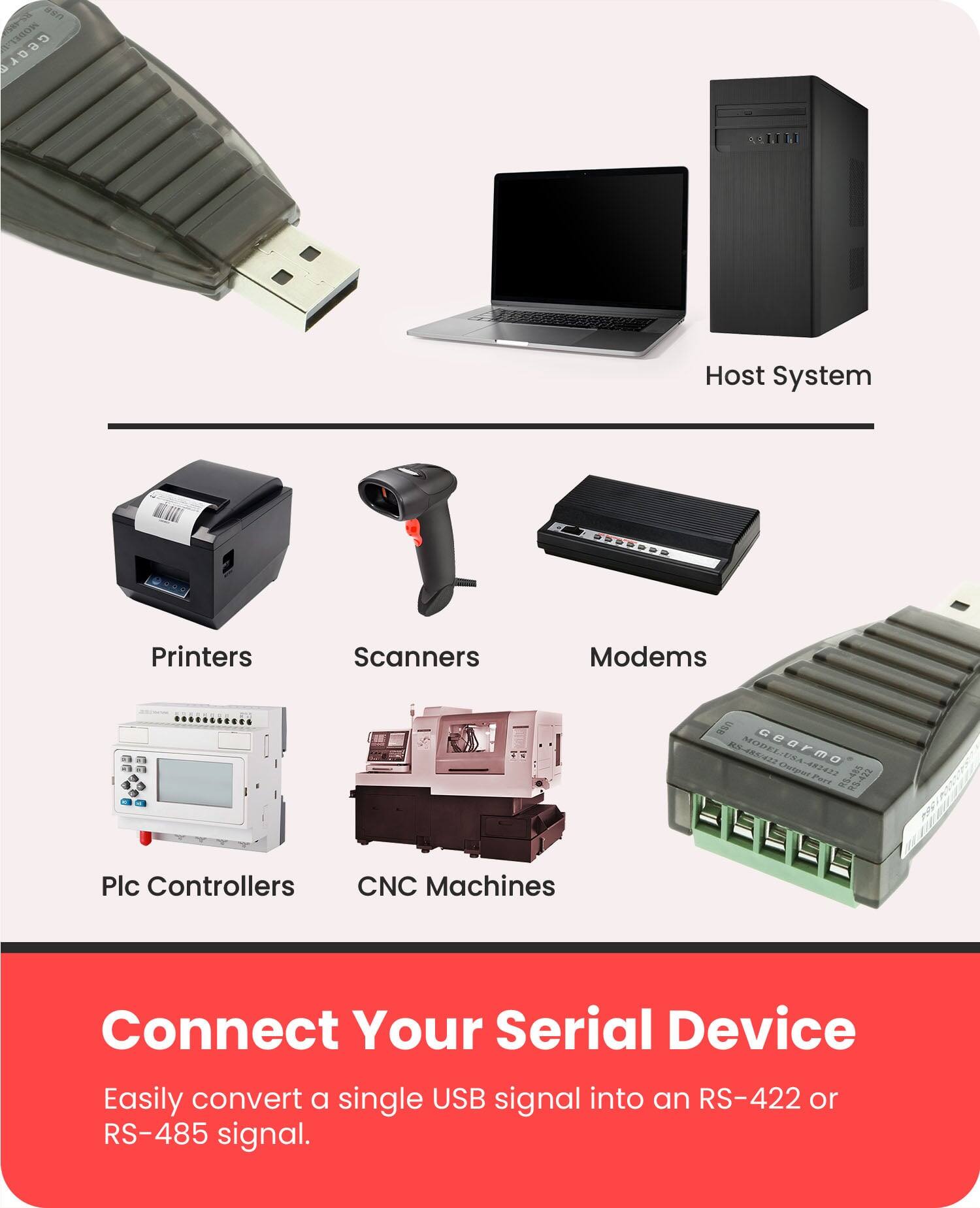 asn MODELU Host System Printers Scanners Modems S G nE Geormo Cheper 42422 Plc Controllers CNC Machines

Connect Your Serial Device

Easily convert a single USB signal into an RS-422 or RS-485 signal.
