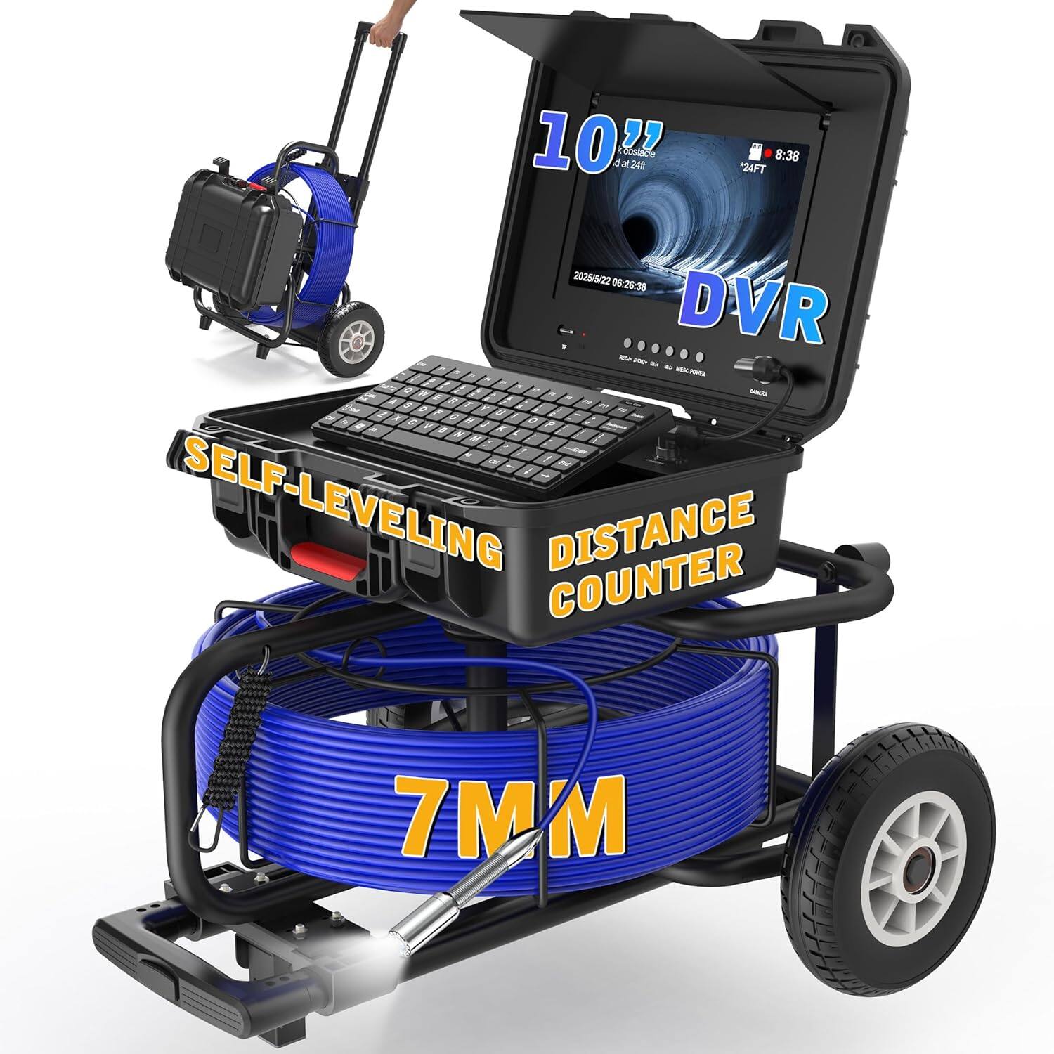 Front. Aukfa - Sewer Camera - 10" HD Borescope, Self-Leveling, IP68, 200Ft 7MM Cable, DVR, 5X Zoom, 32GB.