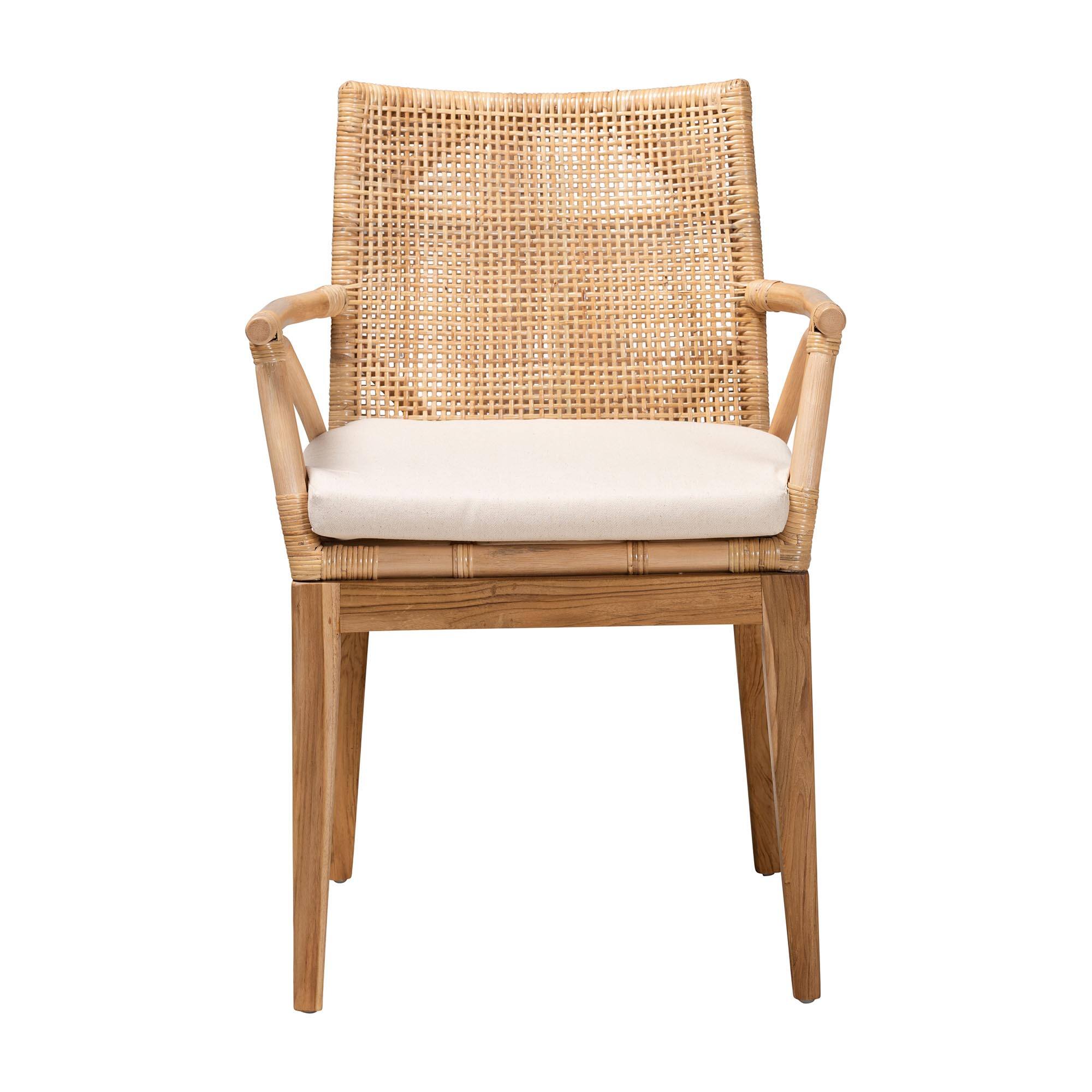 Angle. bali & pari - Storsel Modern Bohemian Finished Teak Wood and Rattan Dining Chair - Natural Brown/Cream.