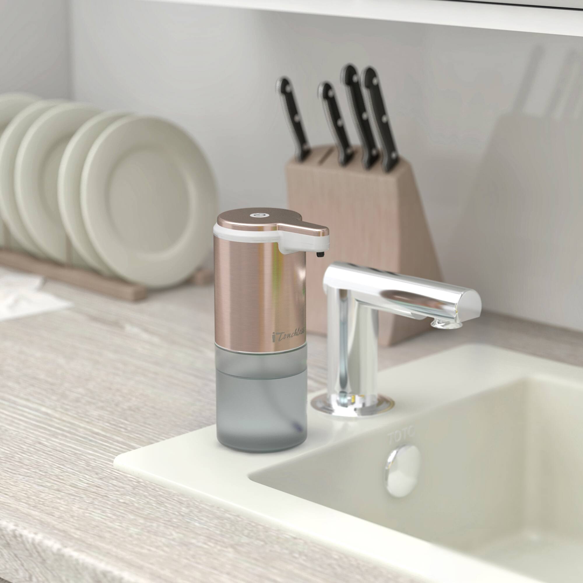 Left. iTouchless - iTouchless Stainless Steel Ultraclean 11 fl oz / 325 ml Sensor Foam Soap Dispenser, Rose Gold, Rust-Free Automatic Pump - Rose Gold.