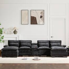 LUCKY ONE - 123" U-Shaped 6-Seat Symmetrical Cloud Sectional Sofa w/ Console Cup Holders USB Charger Chaise - Black