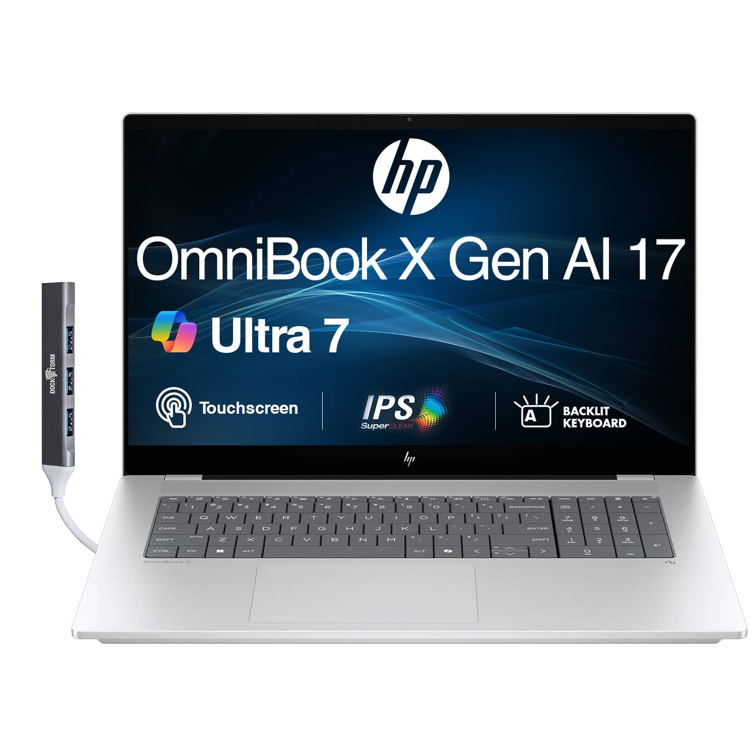 HP - OmniBook X Laptop 17.3 FHD Display (Ultra 7-256V, 16GB, 1TB SSD, Intel Arc 140V, Win 11 Pro) w/USB Hub - Glacier Silver