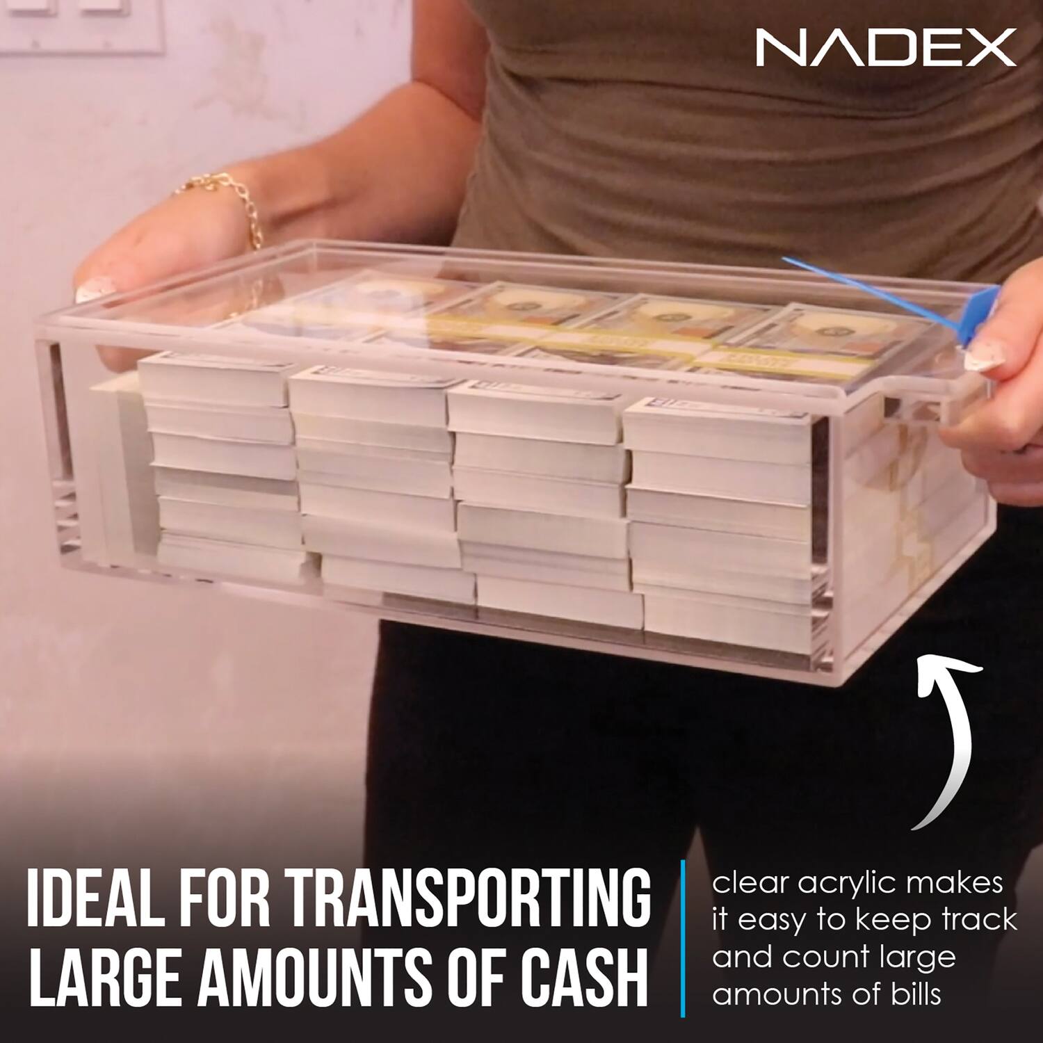 NADEX clear acrylic makes it easy to keep track and count large amounts of bills.