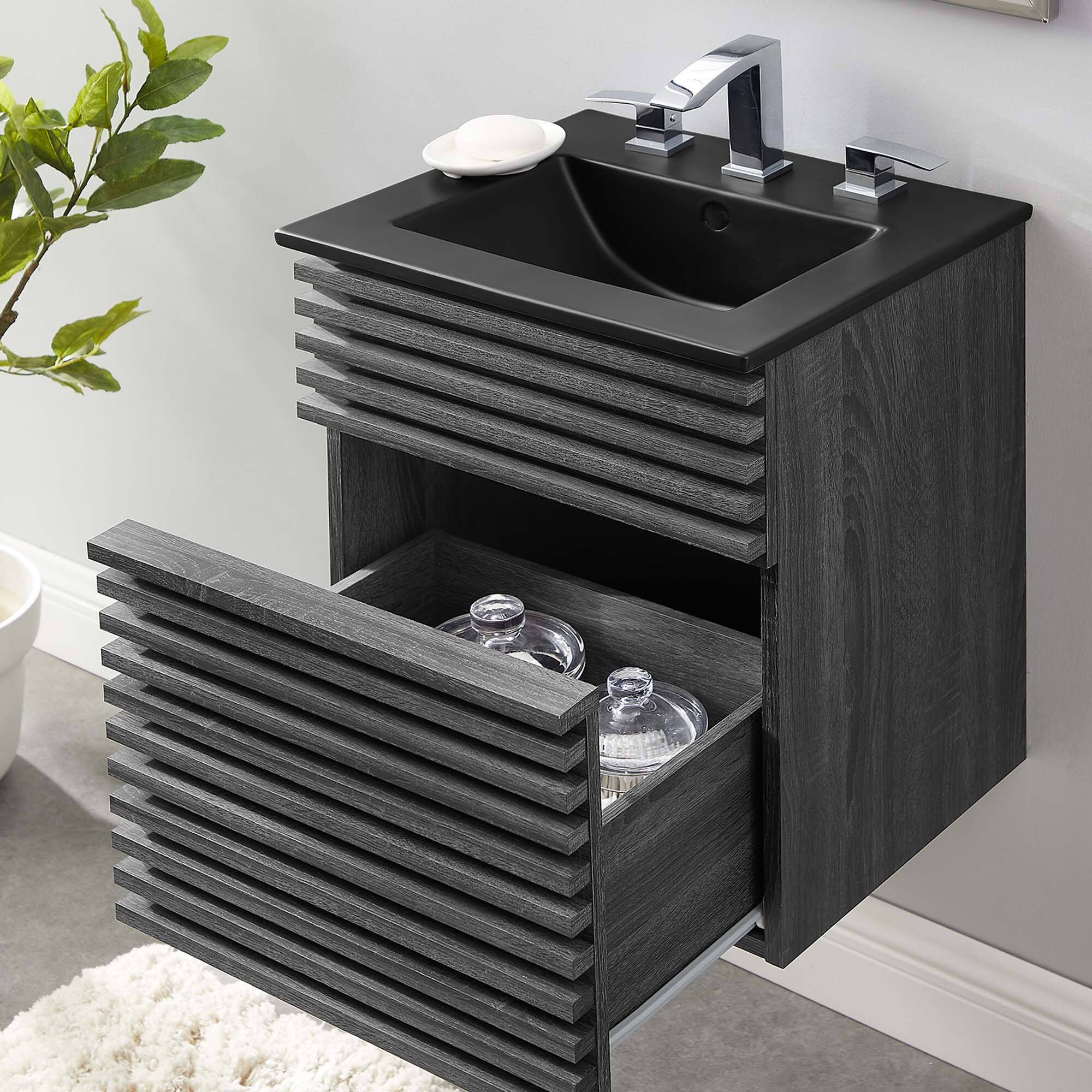 Back. Modway - Render Wall-Mount Bathroom Vanity with Black Basin Included - Charcoal Black.