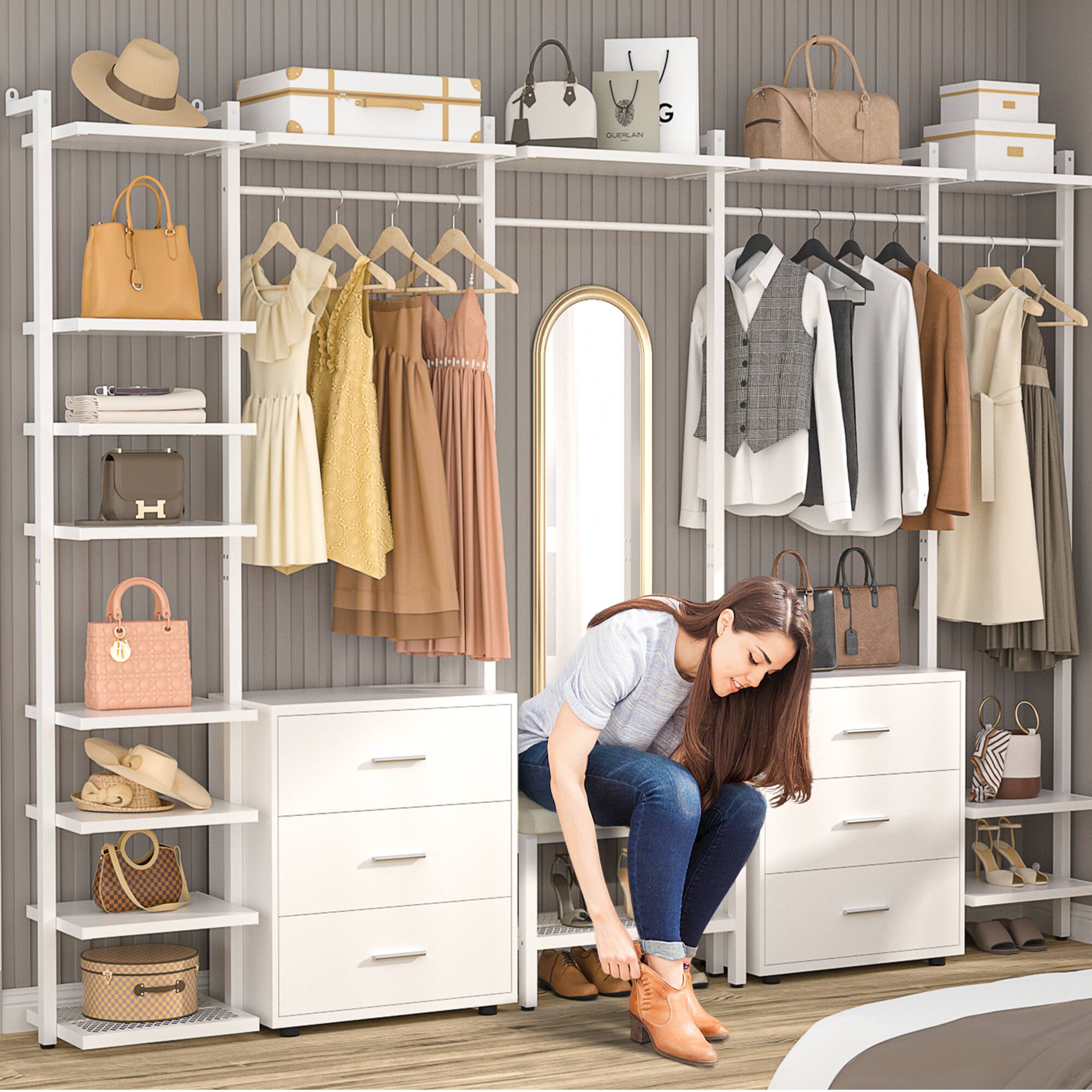 Alt View 2. Aheaplus - 8FT Wood Closet Organizer with 6 Drawers and Hanging Rack for Bedroom Storage - White.