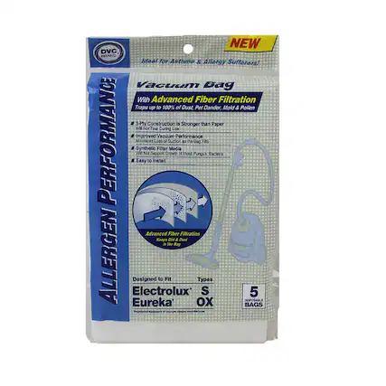 NEW DVC BRAND
Ideal for Asthma & Allergy Sufferers!
Vacuum Bag With Advanced Fiber Filtration
Traps up to 100% of Dust, Pet Dander, Mold & Pollen
3-Ply Construction is Stronger than Paper
Will Not Tear During Use
Improved Vacuum Performance
Minimizes Loss of Suction as the Bag Fills
Synthetic Filter Media
Will Not Support Growth of Mold, Fungus, Bacteria
Easy to Install
ALLERGEN PERFORMANCE
Advanced Fiber Filtration Keeps Dirt & Dust in the Bag
Designed to Fit
Electrolux®
Eureka®
5 Disposable Bags
Types S OX