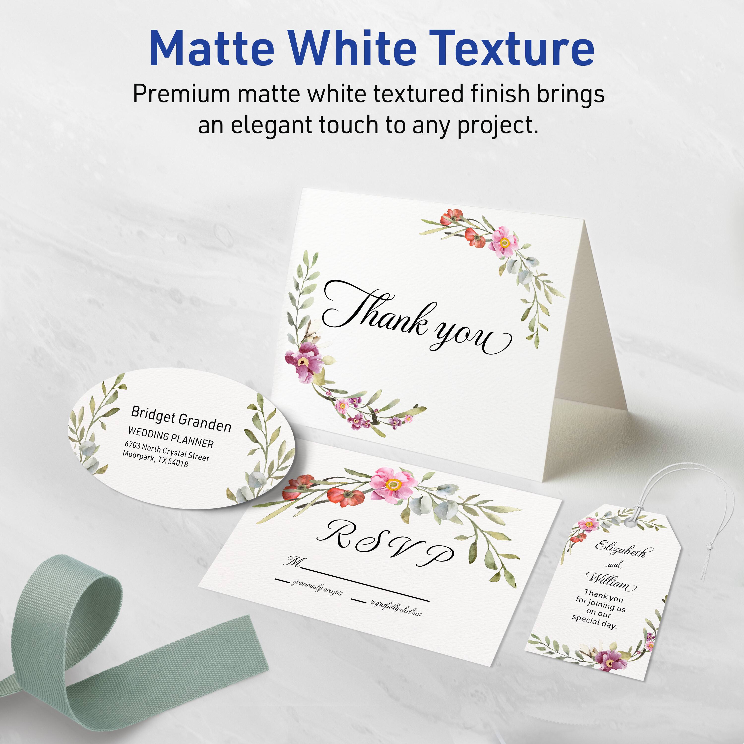 Matte White Texture  
Premium matte white textured finish brings an elegant touch to any project.  

Bridget Granden  
WEDDING PLANNER  
5703 North Crystal Street, Moorpark, TX 54018  

Thank you  
RSVP  

Elizabeth and William  
Thank you for joining us on our special day.