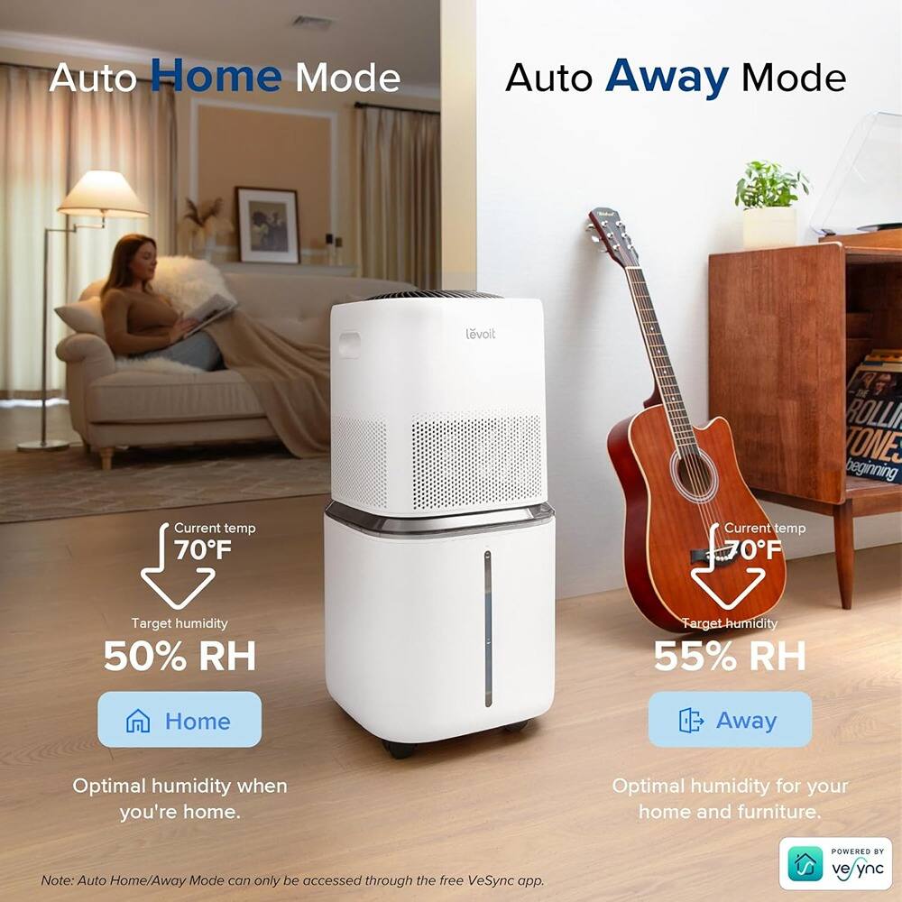Auto Home Mode  
Current temp 70°F  
Target humidity 50% RH  
Home  
Optimal humidity when you're home.  

Auto Away Mode  
Current temp 70°F  
Target humidity 55% RH  
Away  
Optimal humidity for your home and furniture.  

Note: Auto Home/Away Mode can only be accessed through the free VeSync app.  

POWERED BY VeSync