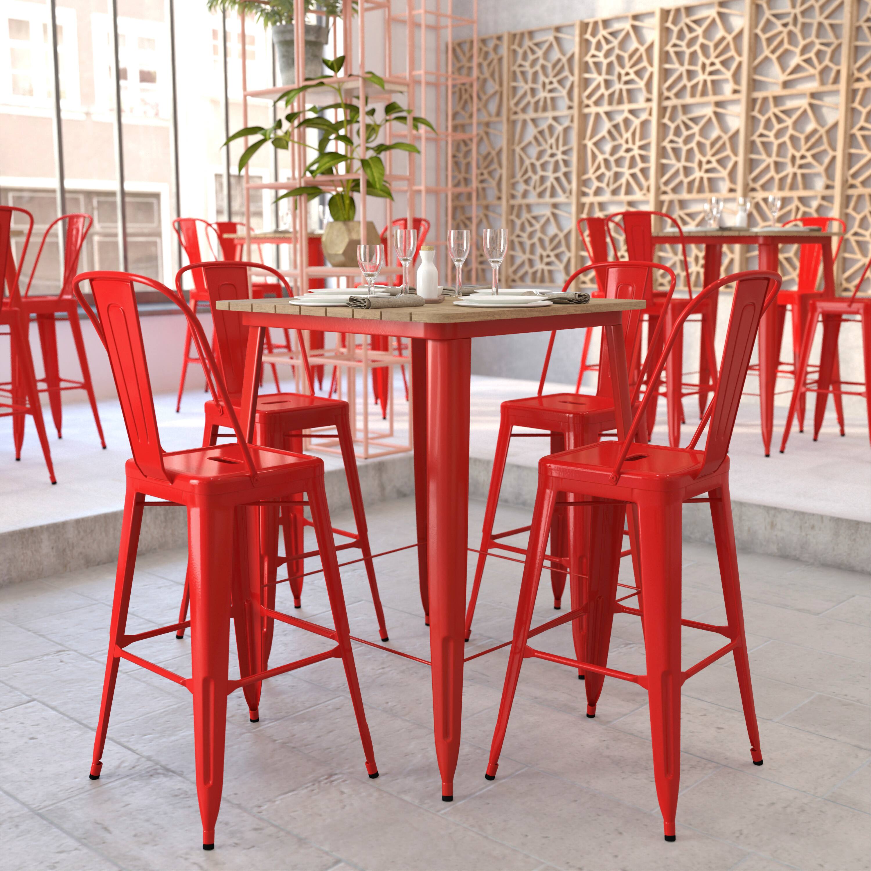 Alt View 3. Flash Furniture - Declan Commercial Indoor/Outdoor Bar Top Table, 31.5" Square All Weather Brown Poly Resin Top with Red Steel base - Red.