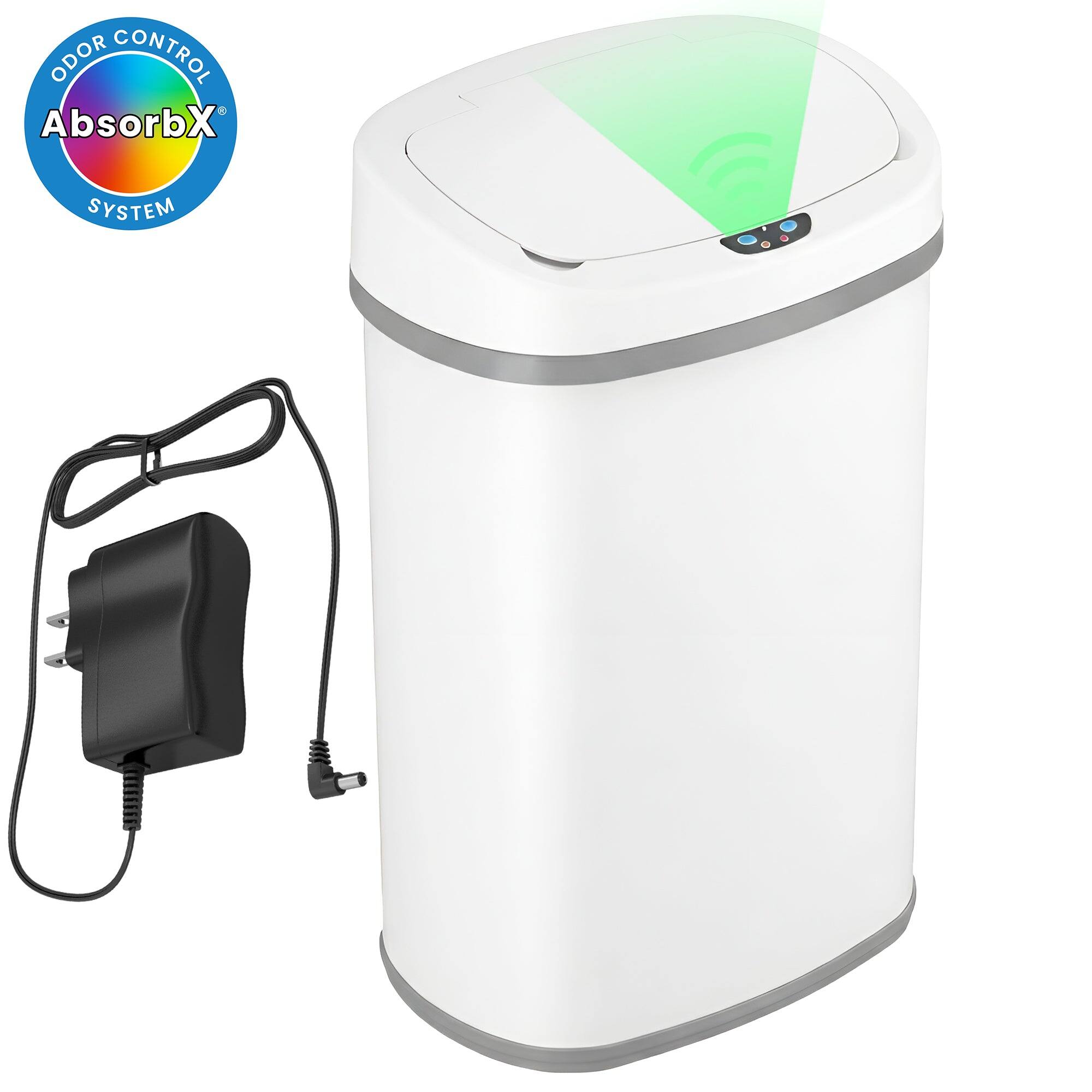 iTouchless - 13 Gallon Oval Sensor Kitchen Trash Can with AC Adapter & AbsorbX Odor Filter - White