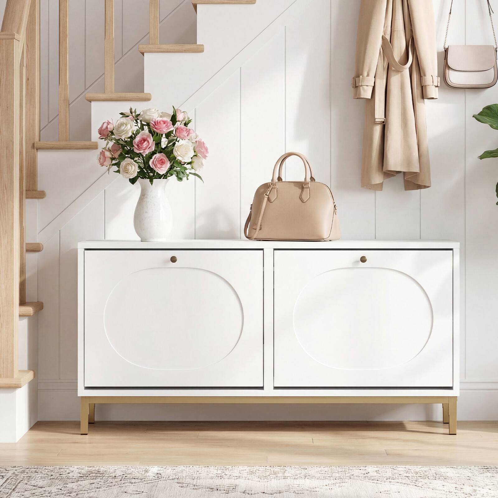 Alt View 4. Costway - Costway Shoe Storage Bench, Narrow Entryway Bench with 2 Flip Drawers & Adjustable Shelves - White + Golden.