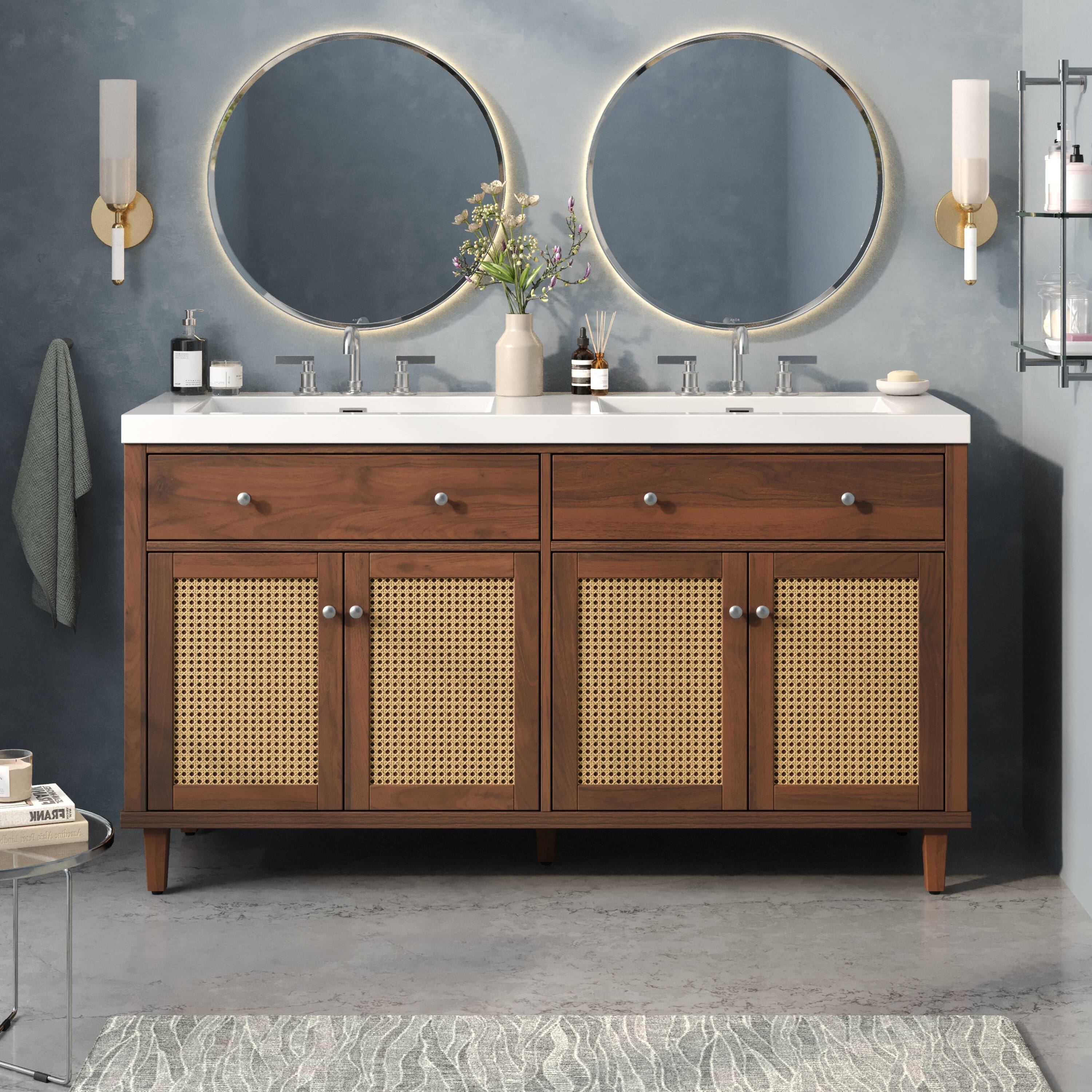 Front. Loheer - 5 ft Double Sink Bathroom Vanity with SMC Top, Soft Close Doors, Tip Out Trays for Main Bath - Brown.
