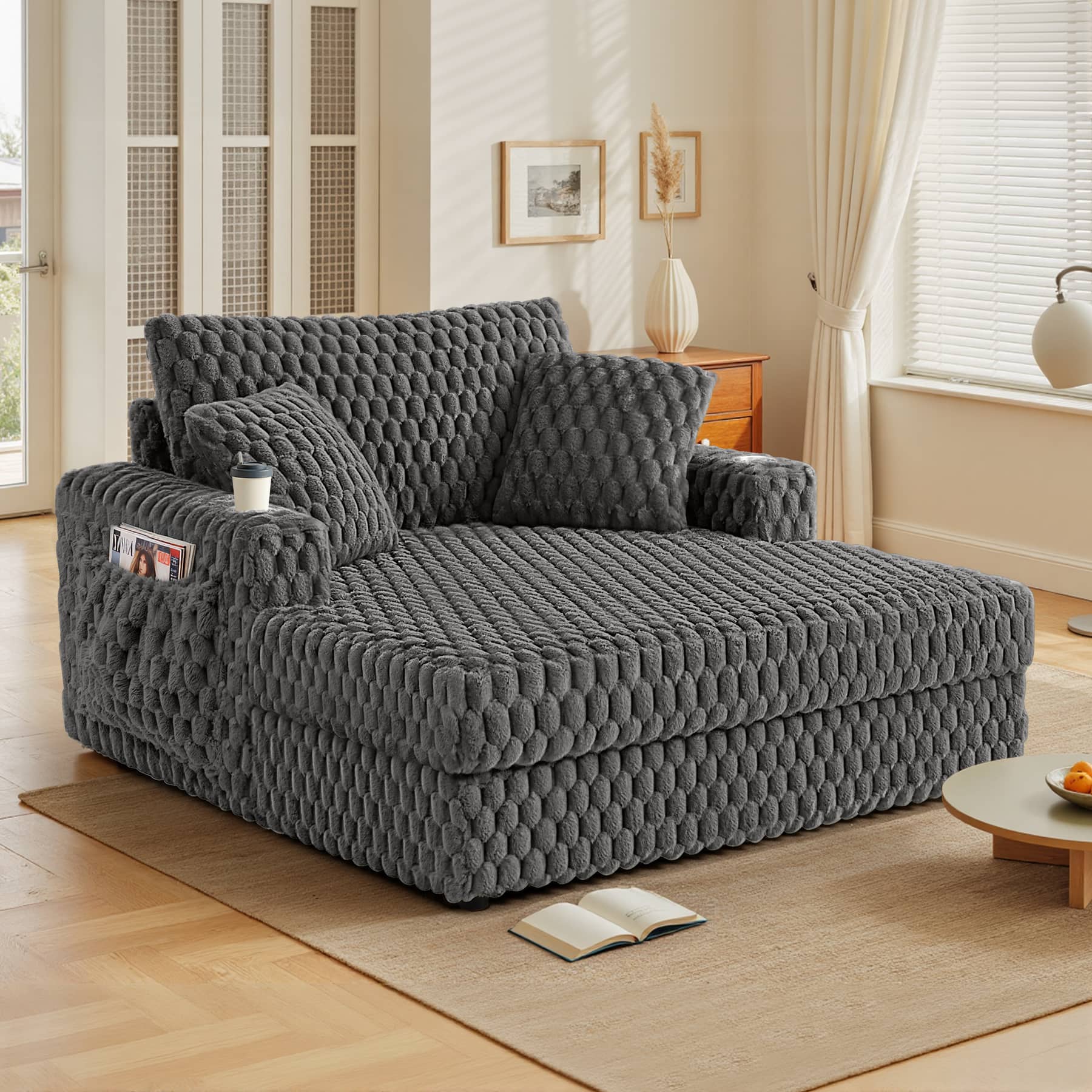 Front. KERDOM - 58'' Oversized Chaise Lounge, Living Room Plush Sofa Bed Chair Bed, Sleeper Couch Bed With Storage Space Office Daybed - Grey.