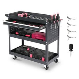 Winado - 3 Tier Rolling Tool Cart Heavy Duty with Locking Wheels & Pegboard Sides & Drawer & 4 Hooks for Garage and Workshop New - Black
