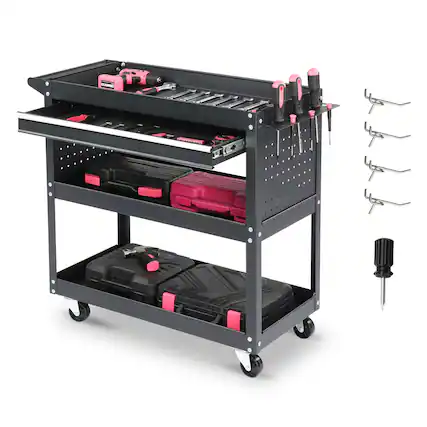 Front. Winado - 3 Tier Rolling Tool Cart Heavy Duty with Locking Wheels & Pegboard Sides & Drawer & 4 Hooks for Garage and Workshop New - Black.