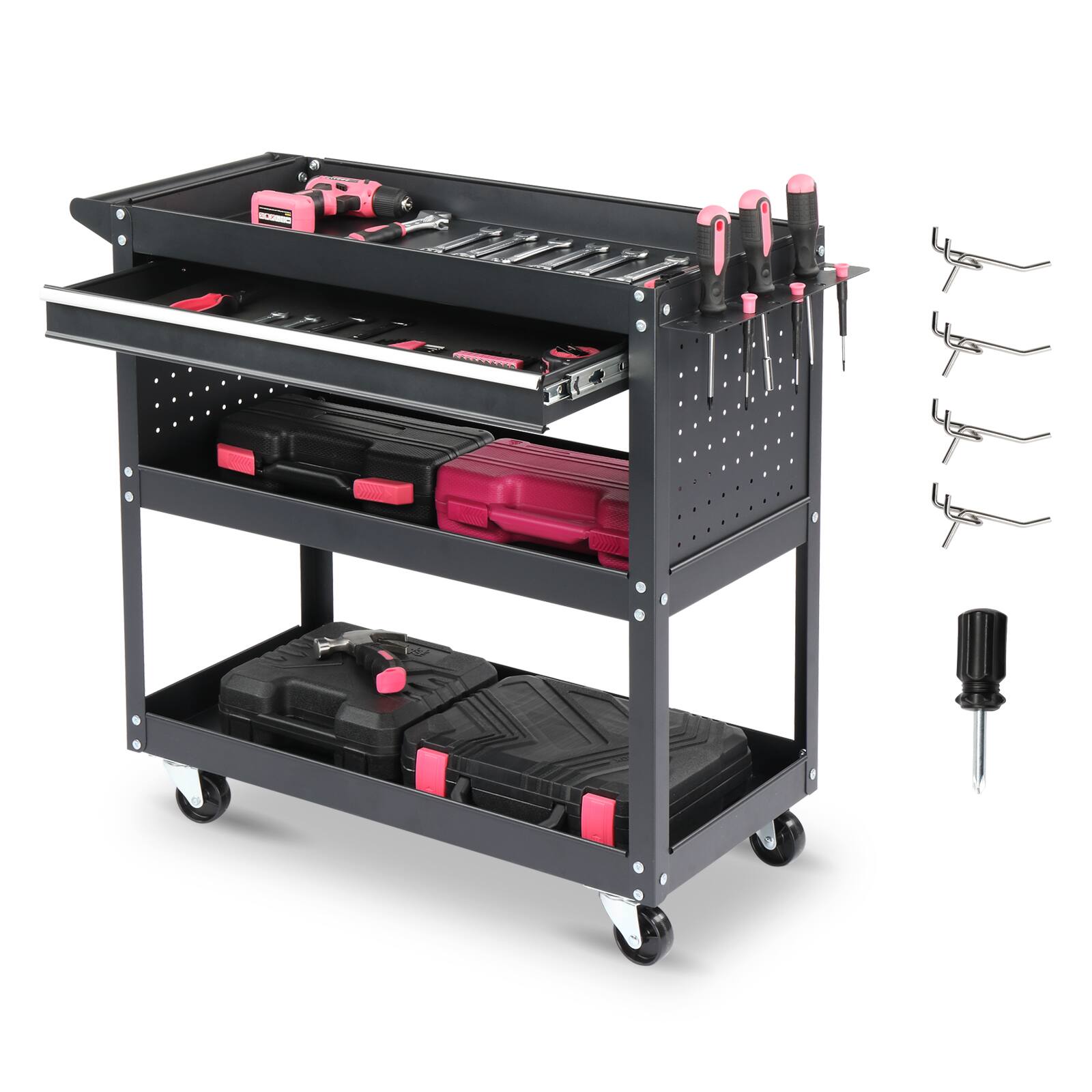Front. Winado - 3 Tier Rolling Tool Cart Heavy Duty with Locking Wheels & Pegboard Sides &  Drawer & 4 Hooks for Garage and Workshop New - Black.