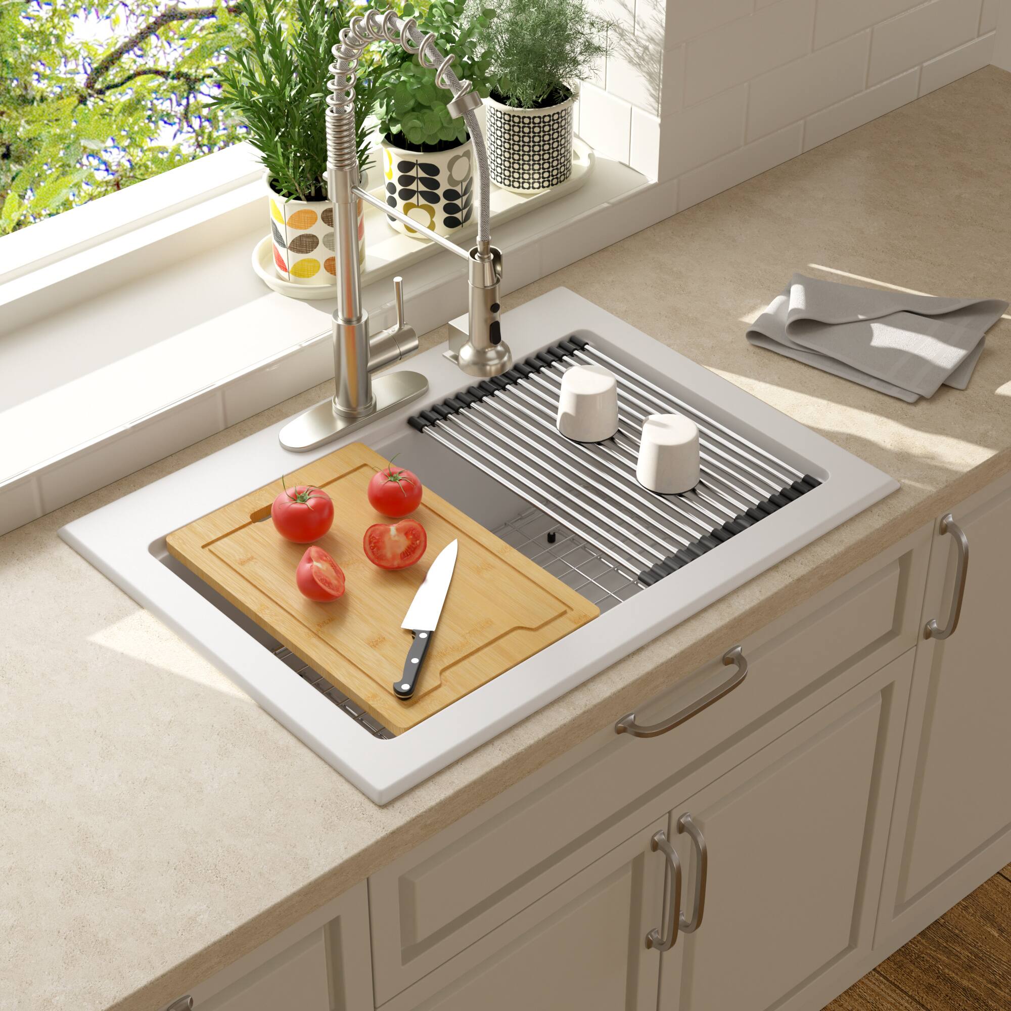 Angle. Lordear - 30x22x10 Inch White Granite Composite Drop In Workstation kitchen Sink Single Bowl Quartz Kitchen Sink With Beveled Edge - White.