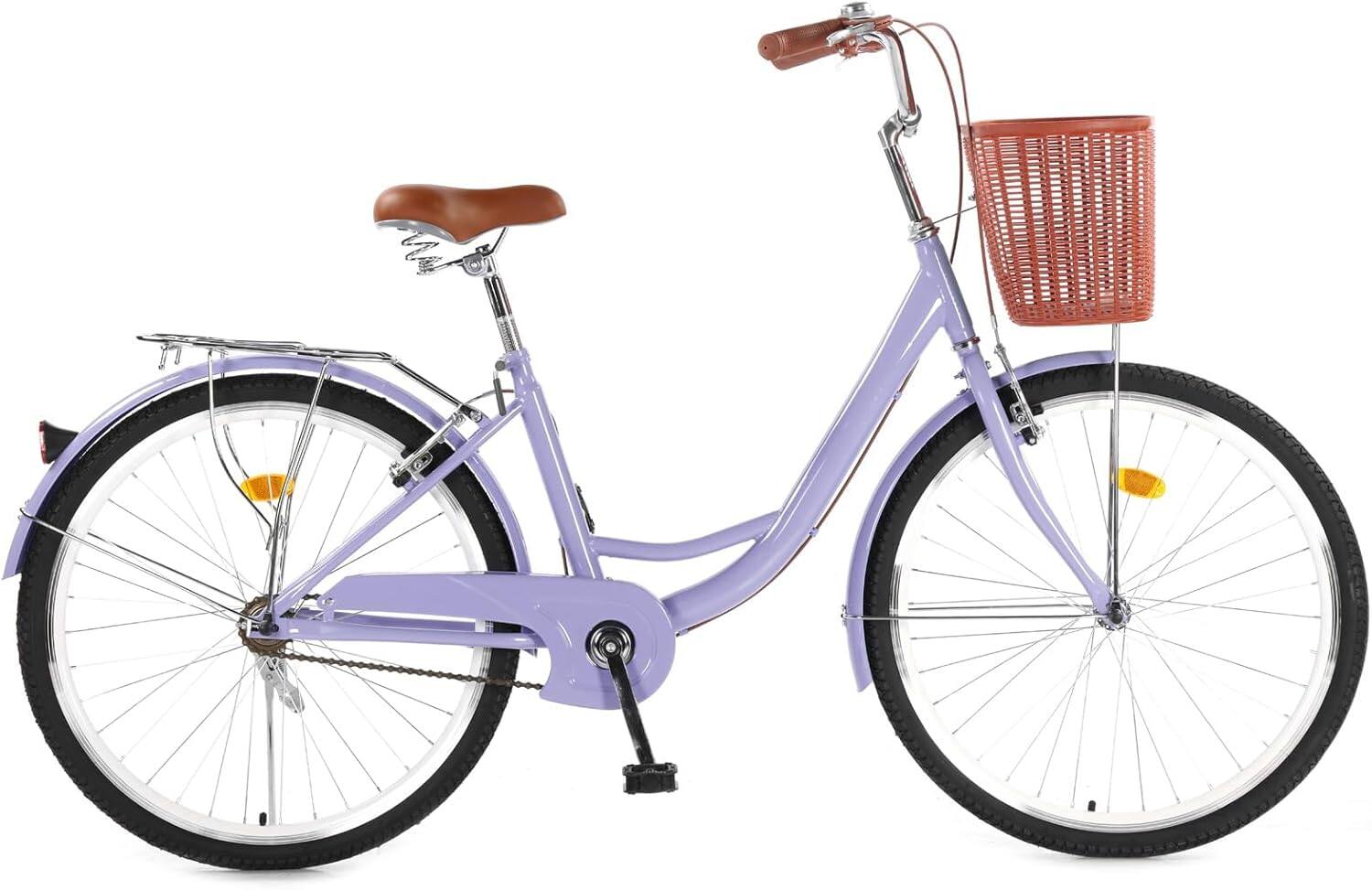 Angle. GARVEE - 26" Women's Beach Cruiser Bike - Step-Through 1-Speed with Basket & Adjustable Seat Comfort Commuter Bicycle - Purple.