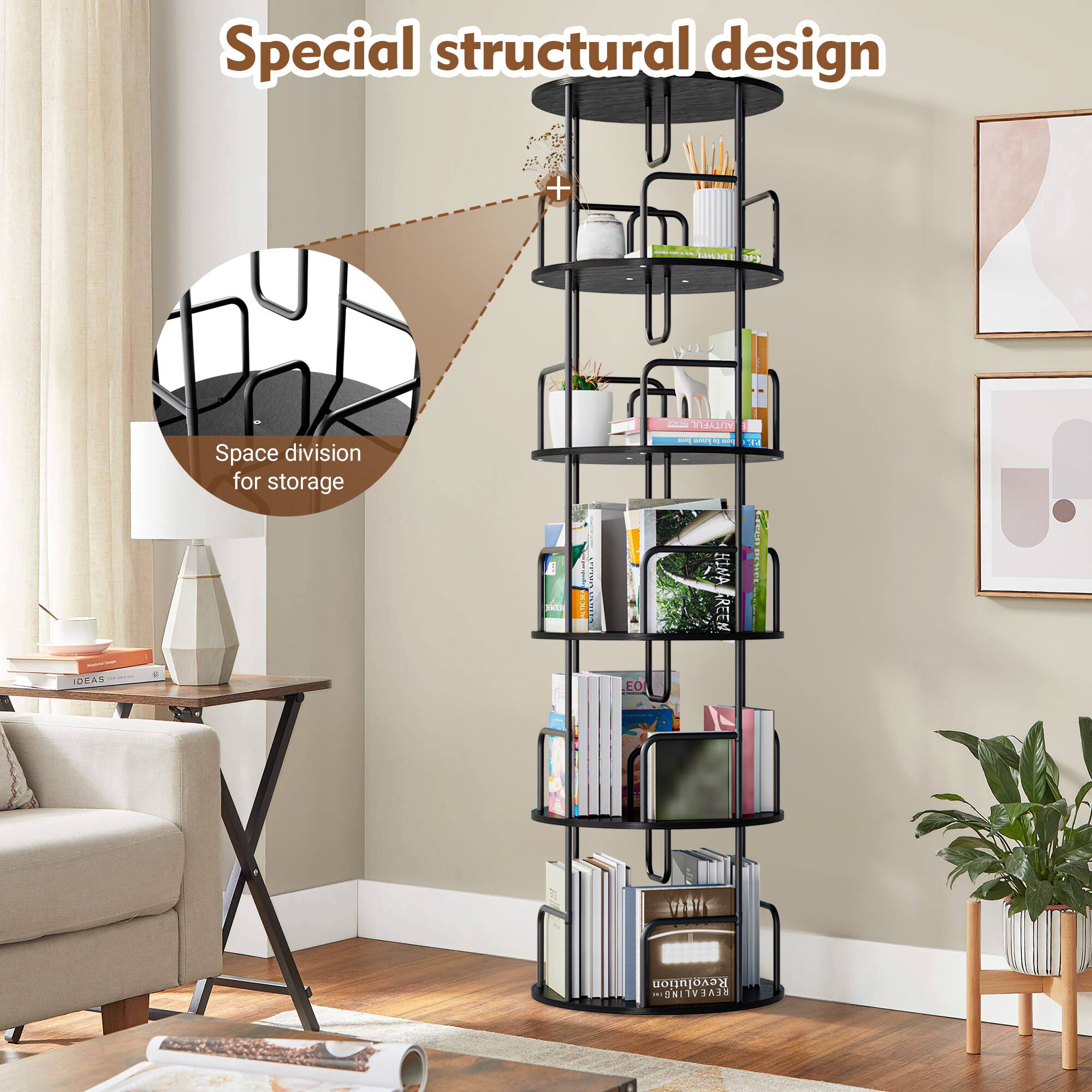 Z Edge 5 Tier Rotating Bookshelf, 360° Spinning Bookcase, Freestanding ...