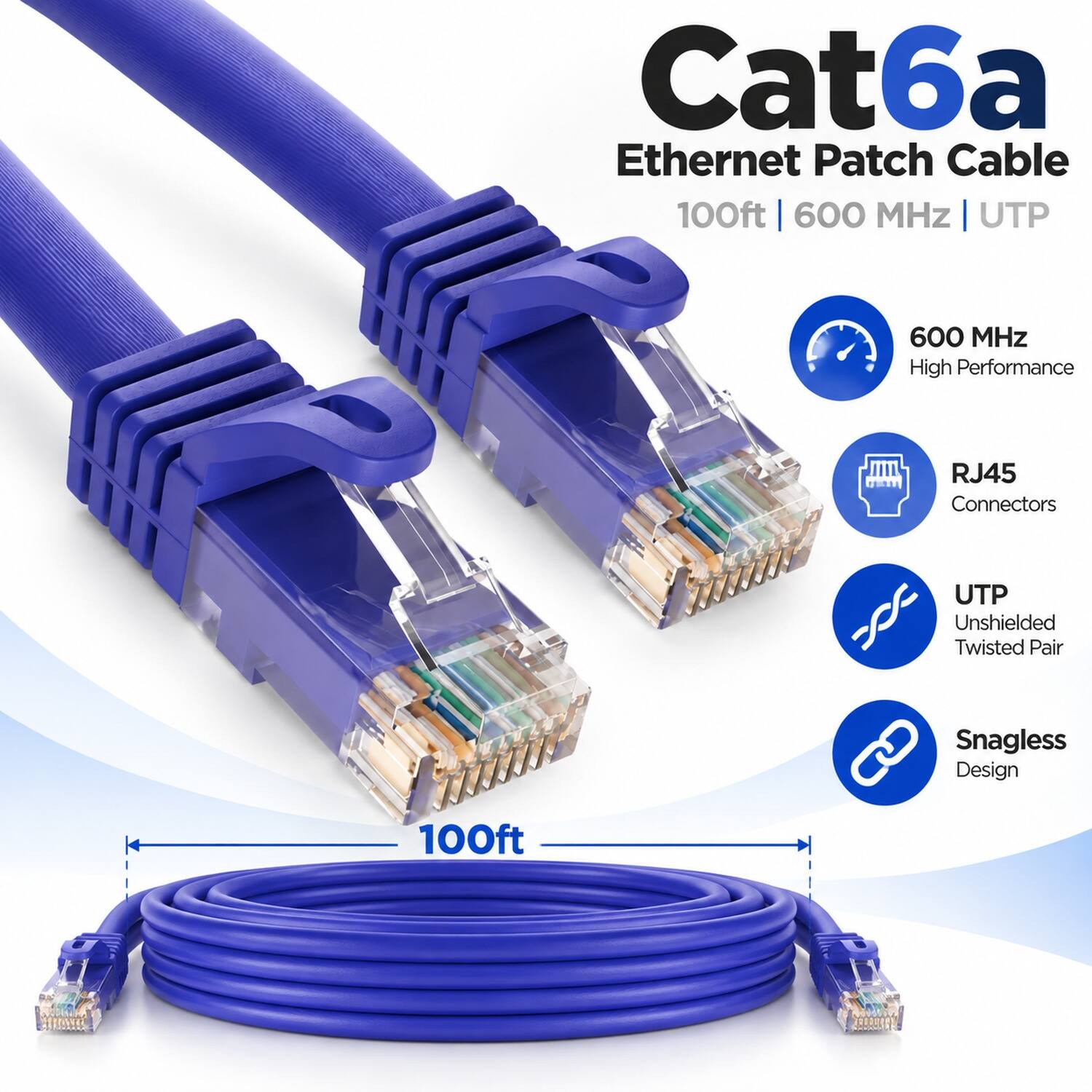 Cat6a Ethernet Patch Cable 100ft 600 MHz | UTP

- 600 MHz High Performance
- RJ45 Connectors
- UTP Unshielded Twisted Pair
- Snagless Design
- 100ft