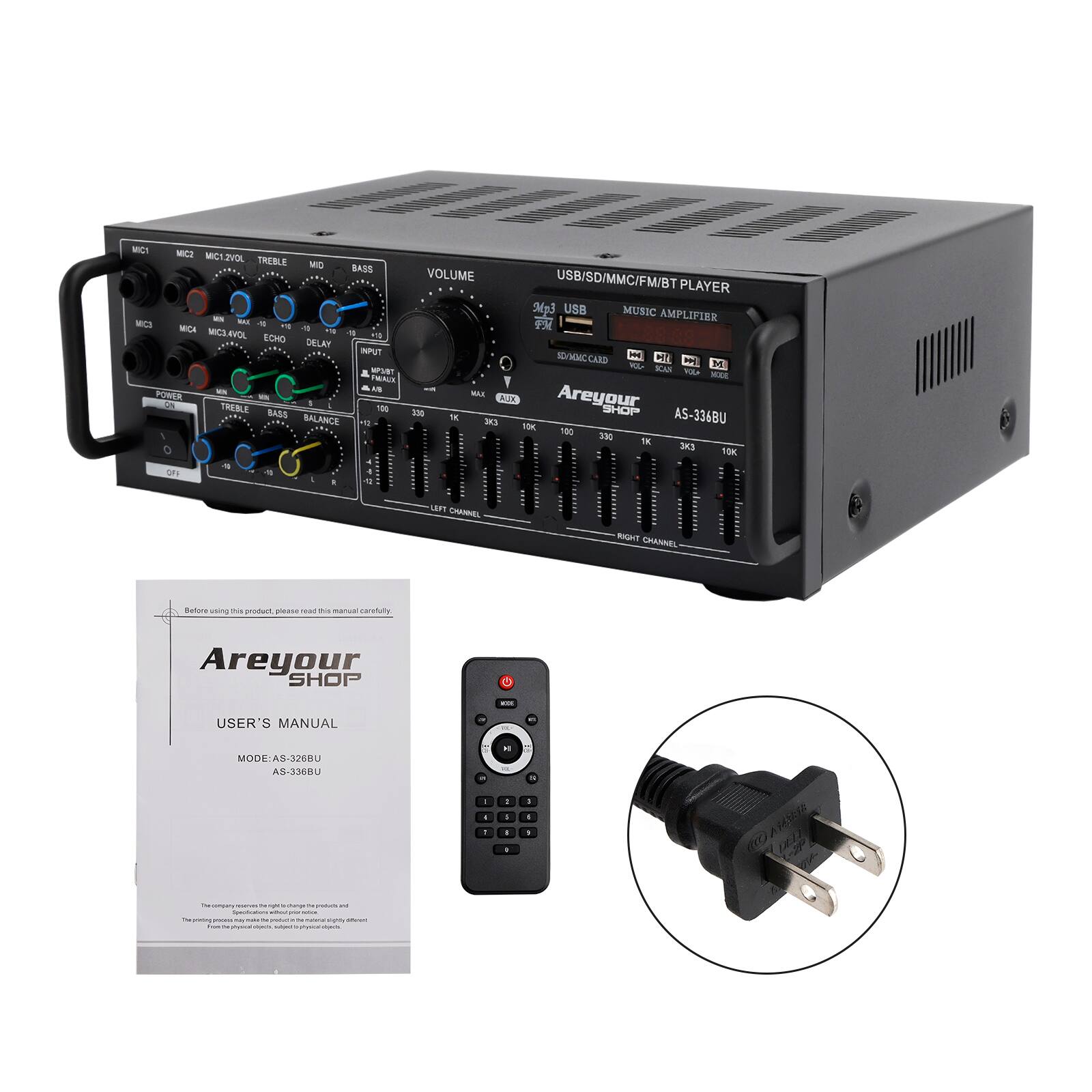 Topteng - 2000W Peak Bluetooth 5.0 HiFi Stereo Amplifier – Karaoke, FM, USB/SD, 4 Mics inputs, EQ, Fit for Home/Party/Car - Black