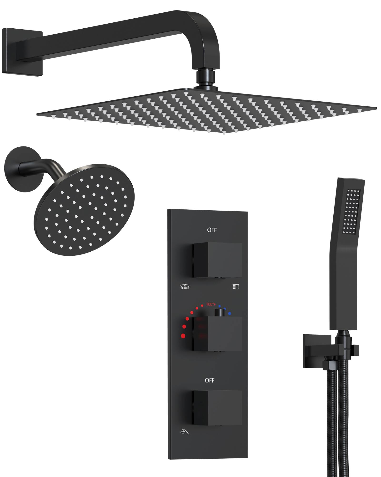 GRANDJOY - Thermostatic Dual Shower Faucet Kit with 10" Overhead Rain Shower and 59" Stainless Hose Handheld Shower Head - Matte Black