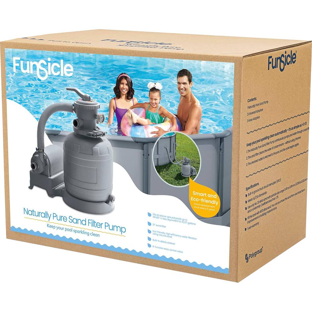 **Front Side:**

- **FunSicle**
- **Naturally Pure Sand Filter Pump**
- **Keep your pool sparkling clean**
- **Smart and Eco-friendly**
- **Specifications:**
  - 1 Naturally Pure Sand Filter Pump
  - 1 Universal Adapter
  - 3 Hose Adapters
- **Features:**
  - 100% Pure Sand Filter
  - Eco-friendly, high-efficiency water filtration
  - Built-in debris strainer
  - Function easy control valve
- **Polygroup**

**Back Side:**

- **Contents:**
  - 1 Naturally Pure Sand Filter Pump
  - 1 Universal Adapter
  - 3 Hose Adapters
- **Keep your pool sparkling automatically!** From simple to 5-30,000 gallons, this pump is perfect for any size pool. Keep your pool sparkling clean automatically. No more manual cleaning or backwashing. Just set it and forget it.
- **Smart and Eco-friendly Sund replacement once every 5 years**
- **Specifications:**
  - Built-in sand filter
  - Eco-friendly, high-efficiency water filtration
  - Built-in debris strainer
  - Function easy control valve
  - 