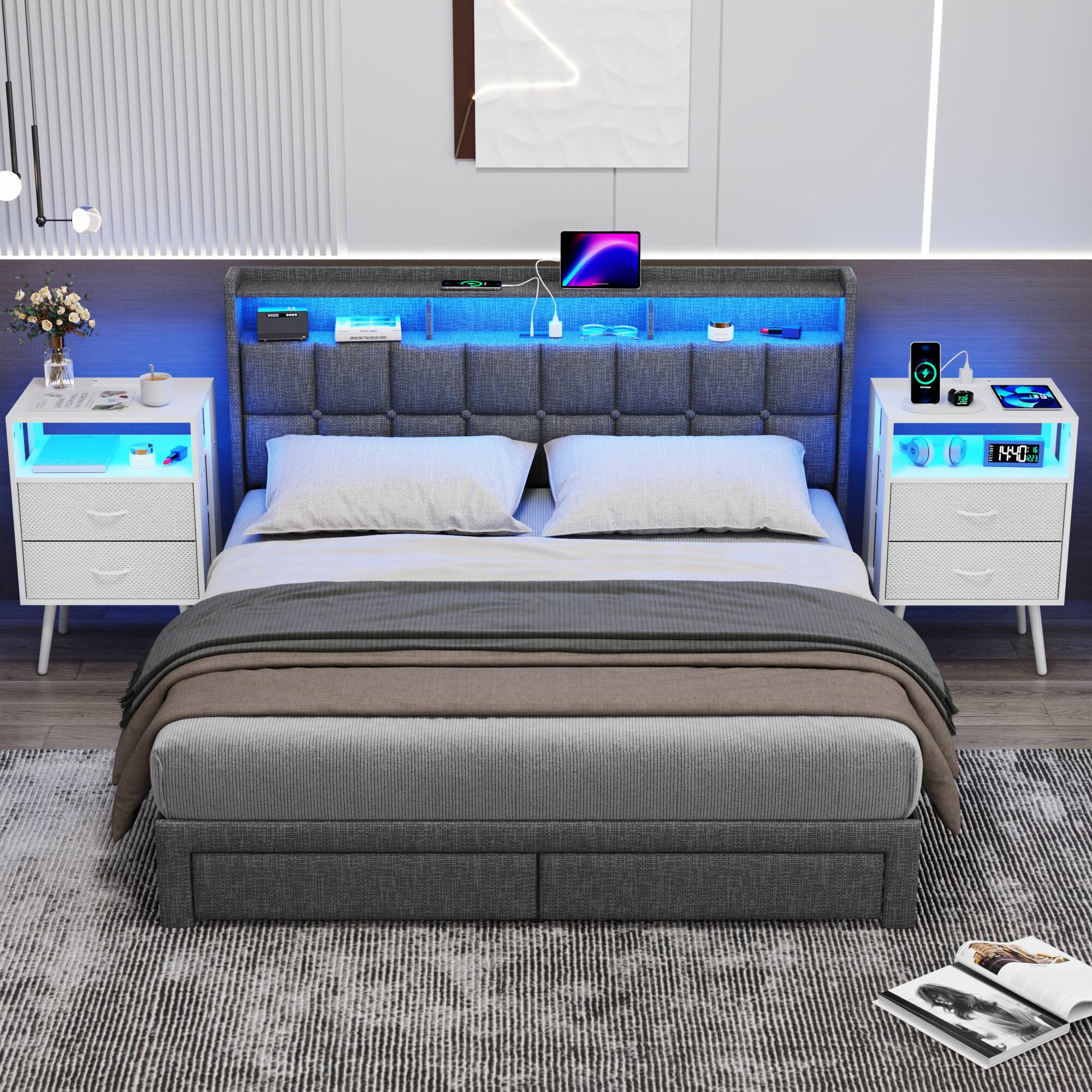 Alt View 2. Spaco - Spaco 2 Pack Modern Nightstand with Charging Station, Bedside Tables with LED Light and 2 Drawers - White.