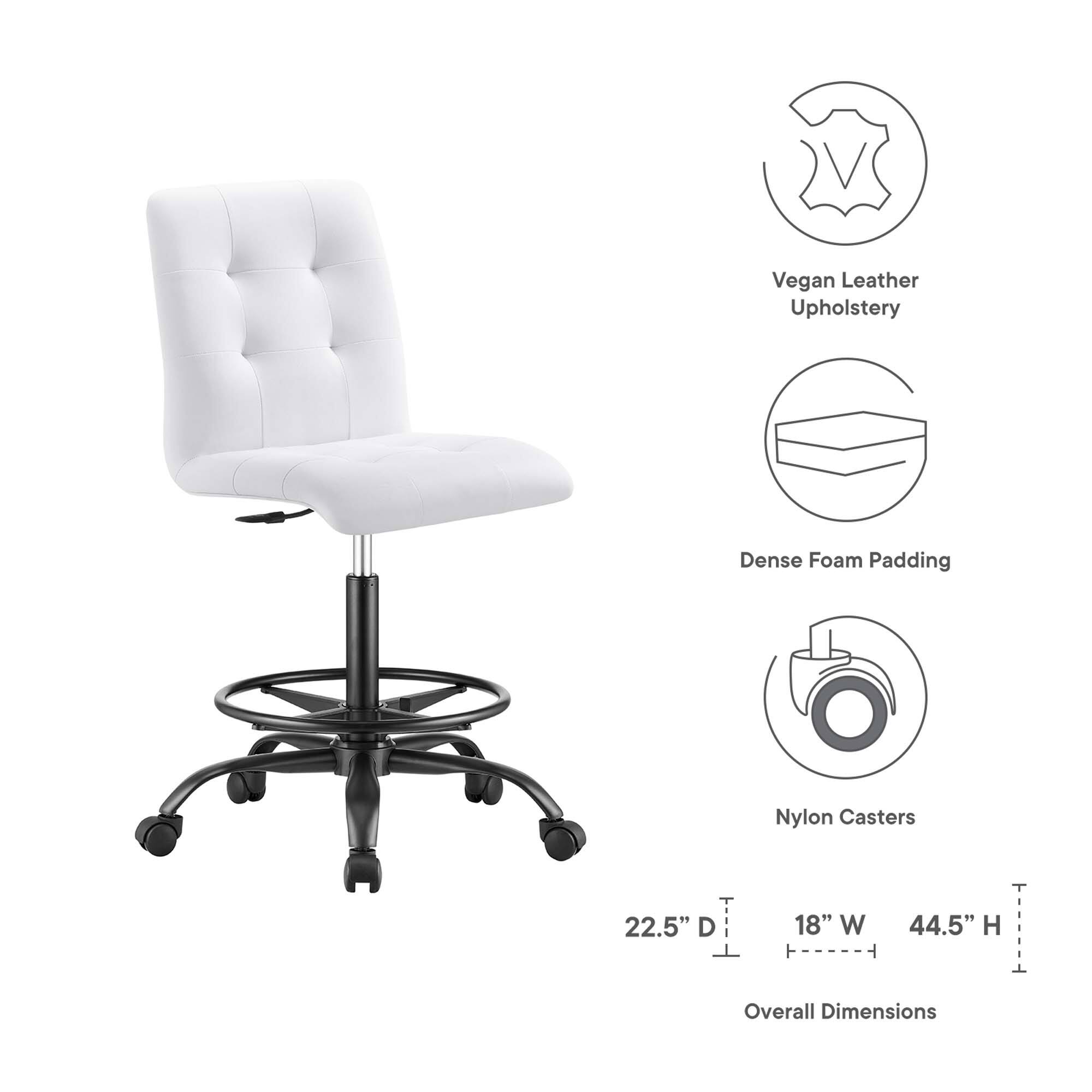 - Vegan Leather Upholstery
- Dense Foam Padding
- Nylon Casters

Overall Dimensions:
- 22.5" D
- 18" W
- 44.5" H