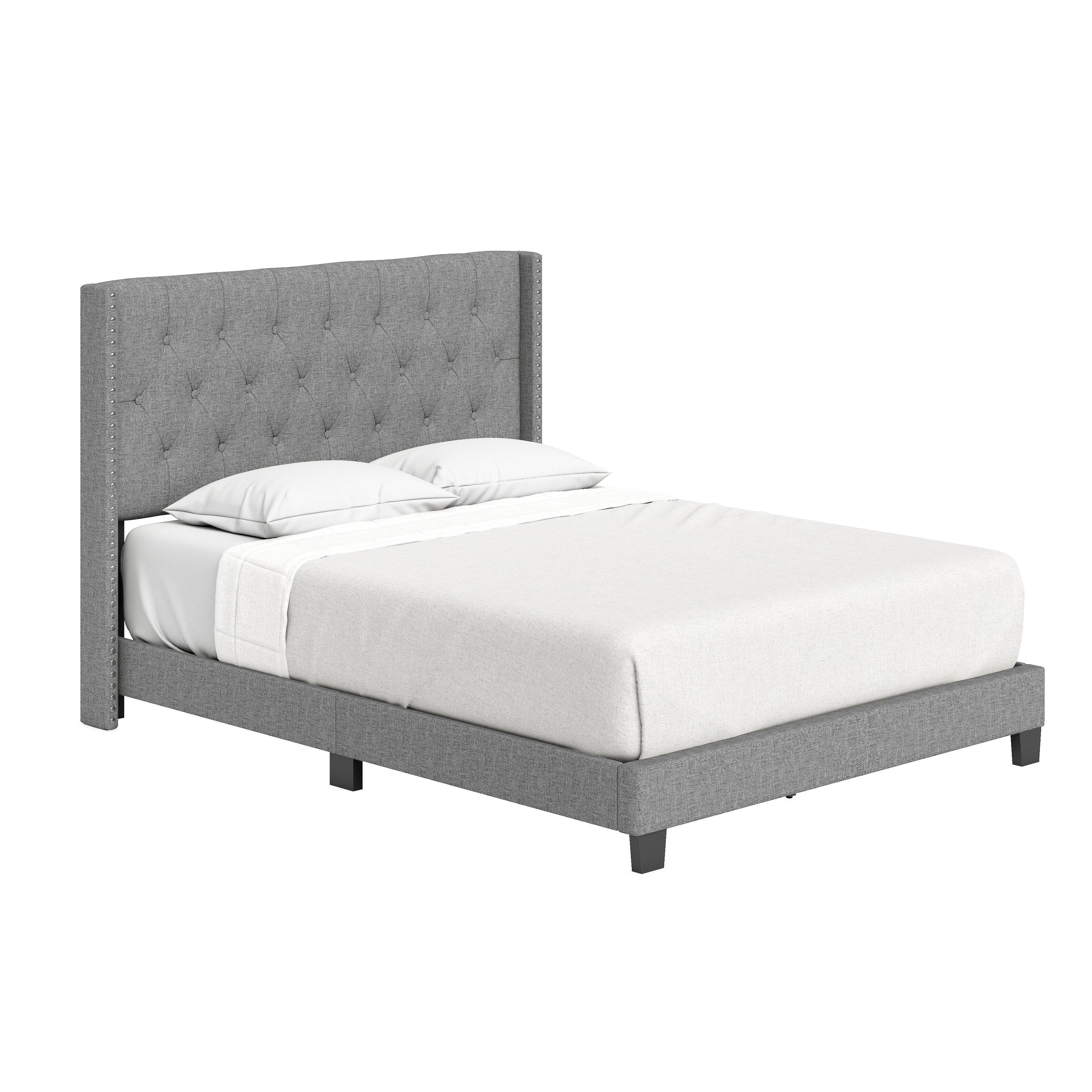 Alt View 2. Boyd Sleep - Mia Linen Platform Bed Frame with Tufted Headboard and Nailhead Trim, No Box Spring Required, Queen - Gray.