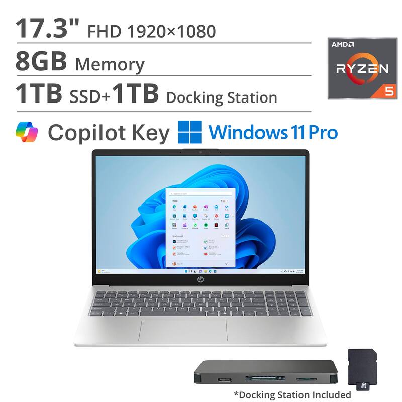 17.3" FHD 1920x1080  
8GB Memory  
1TB SSD + 1TB Docking Station  
AMD Ryzen 5  
Copilot Key  
Windows 11 Pro  
*Docking Station Included