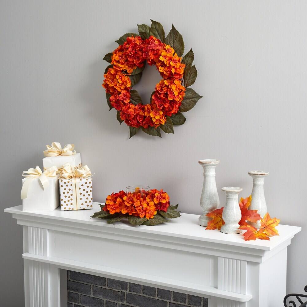 Left. BreeBe - 20" Autumn Hydrangea Artificial Wreath - Orange.