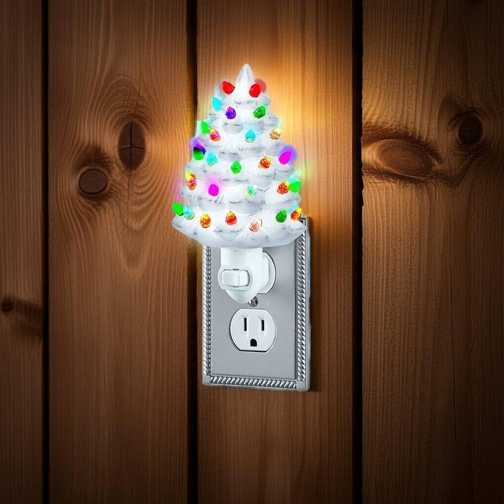 Back. ACJPR - 6" Ceramic Christmas Tree Night Light, Green Vintage Holiday Decoration - Green.