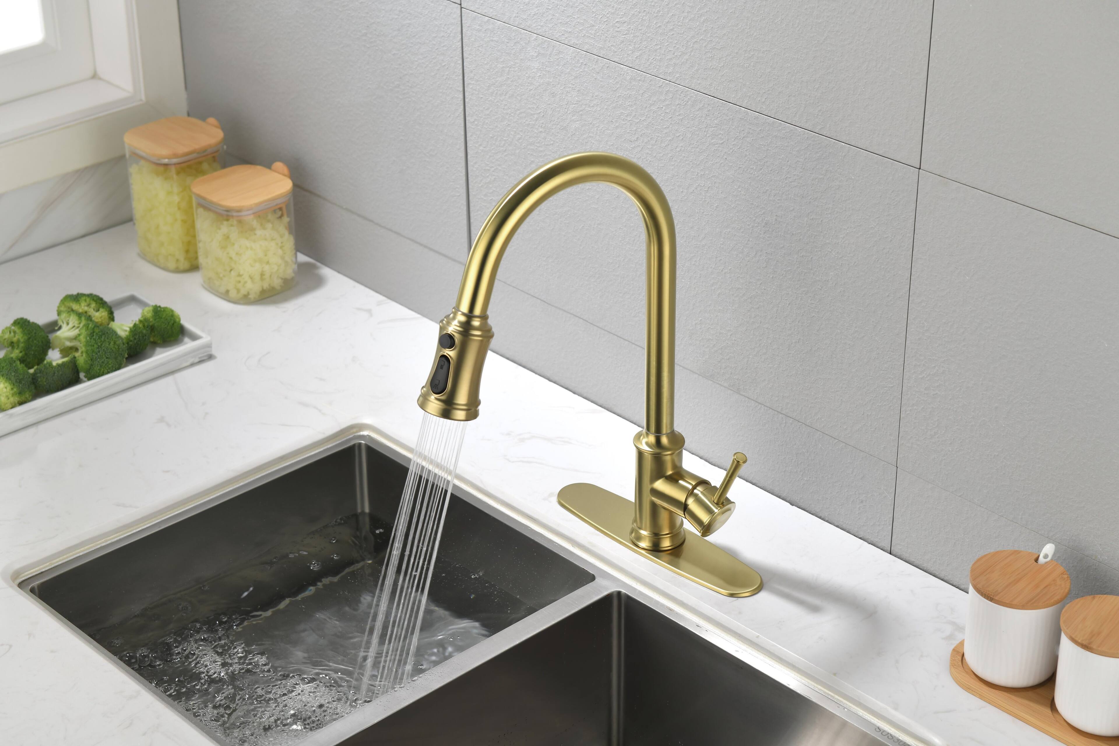 Alt View 2. Siljoy - Single Handle High Arc Pull Out Kitchen Faucet,Single Level Stainless Steel Kitchen Sink Faucets with Pull Down Sprayer - Brushed Gold.