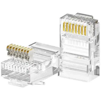 Front. ACJPR - Cat6 RJ45 Connectors 100-Pack, Transparent, Gold-Plated for Solid/Stranded Cable.
