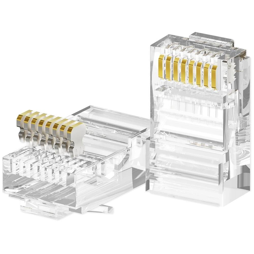 Front. ACJPR - Cat6 RJ45 Connectors 100-Pack, Transparent, Gold-Plated for Solid/Stranded Cable.