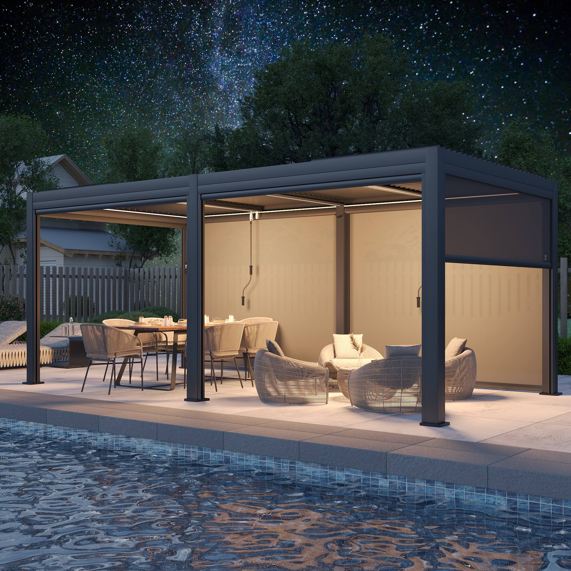 Alt View 6. U-HOMY - 10'x20' Outdoor Aluminum Louvered Pergola Gazebo with Adjustable Rainproof Roof and Pull-Down Privacy Screen - Grey.