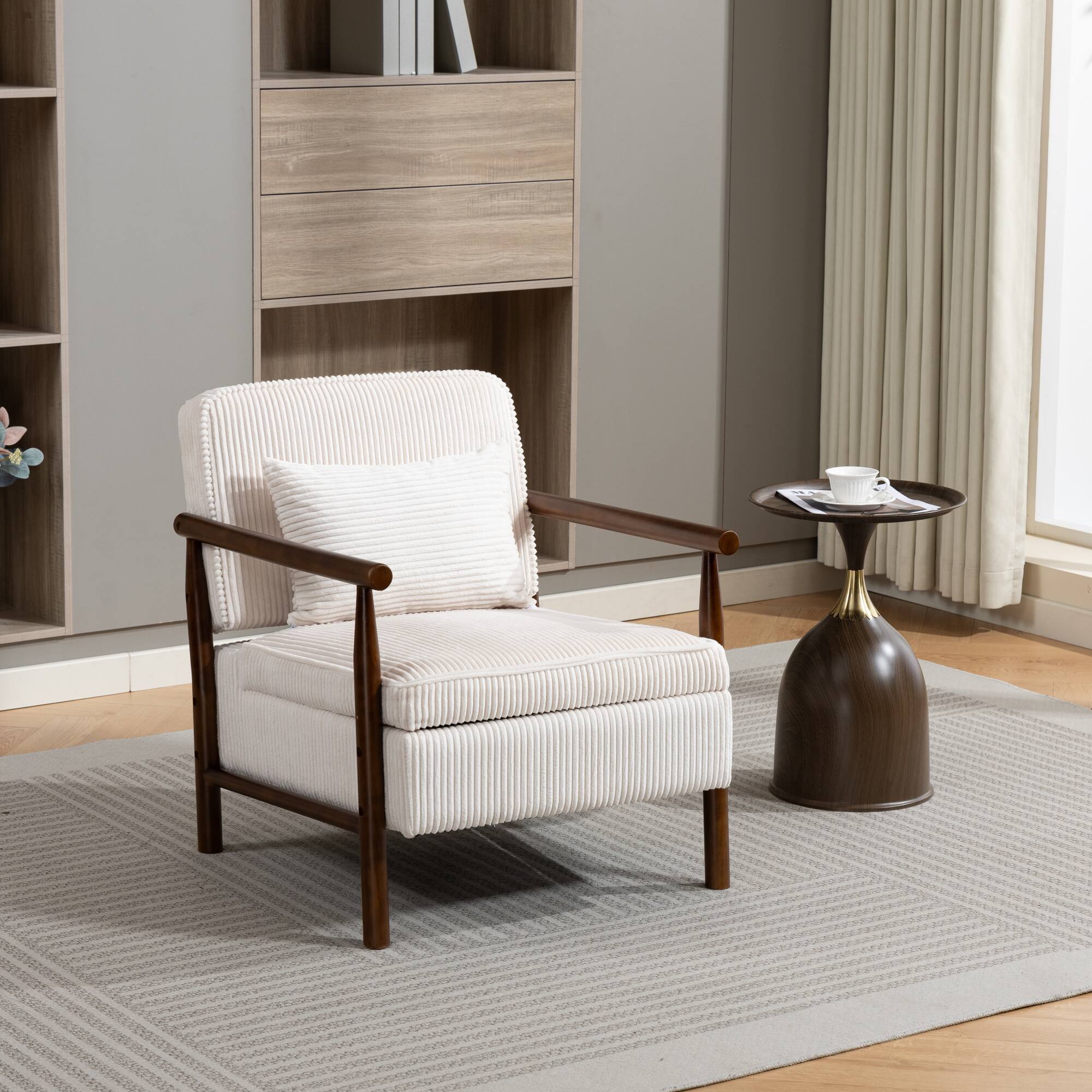 Angle. GOODSILO - Modern Upholstered Accent Armchair with Hidden Storage and Waist Support Cushion for Living Room Bedroom - Antique White.