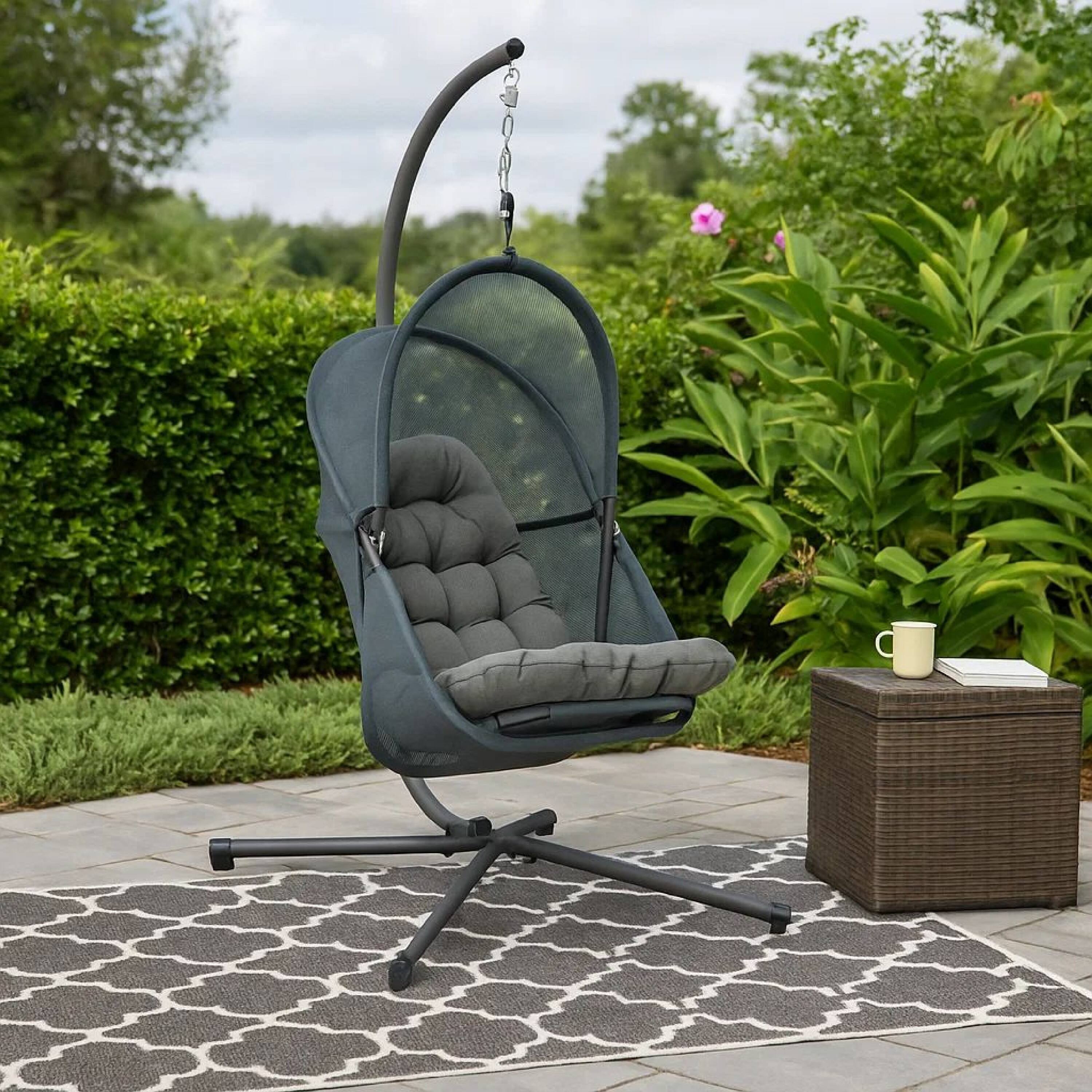 Alt View 7. Manhattan Lane - Bery Outdoor Swing Chair with Foldable Stand, Dark Gray Cushion - Black, Dark Gray.