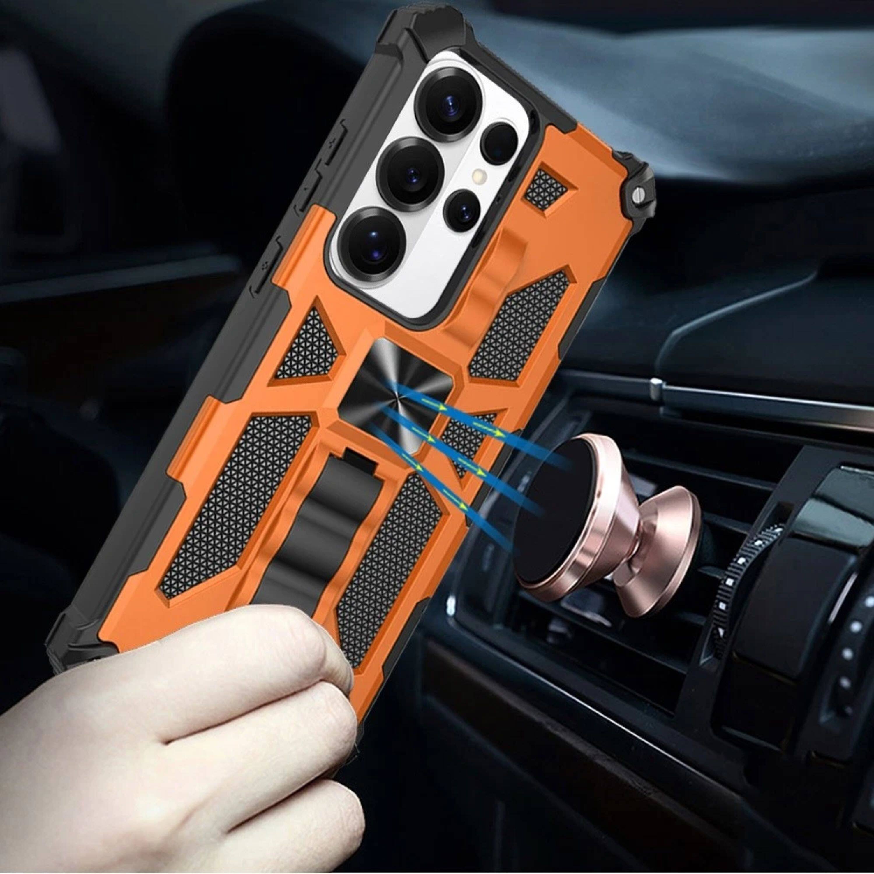 Left. Kitcheniva - Shockproof Modern Stand Metal Plate Phone Case With Tempered Glass For Samsung S25 Ultra - Cosmic Orange.