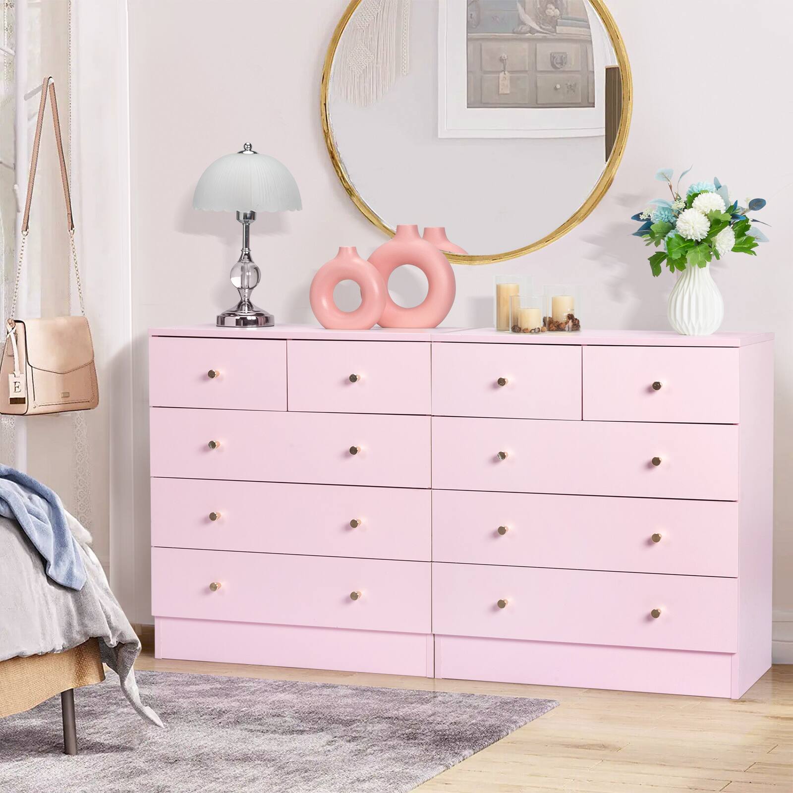 Alt View 6. Kadyn - 5 Drawer Dresser with Gold Handle, Nursery Dresser Chest Of Drawers Organizer - Pink.