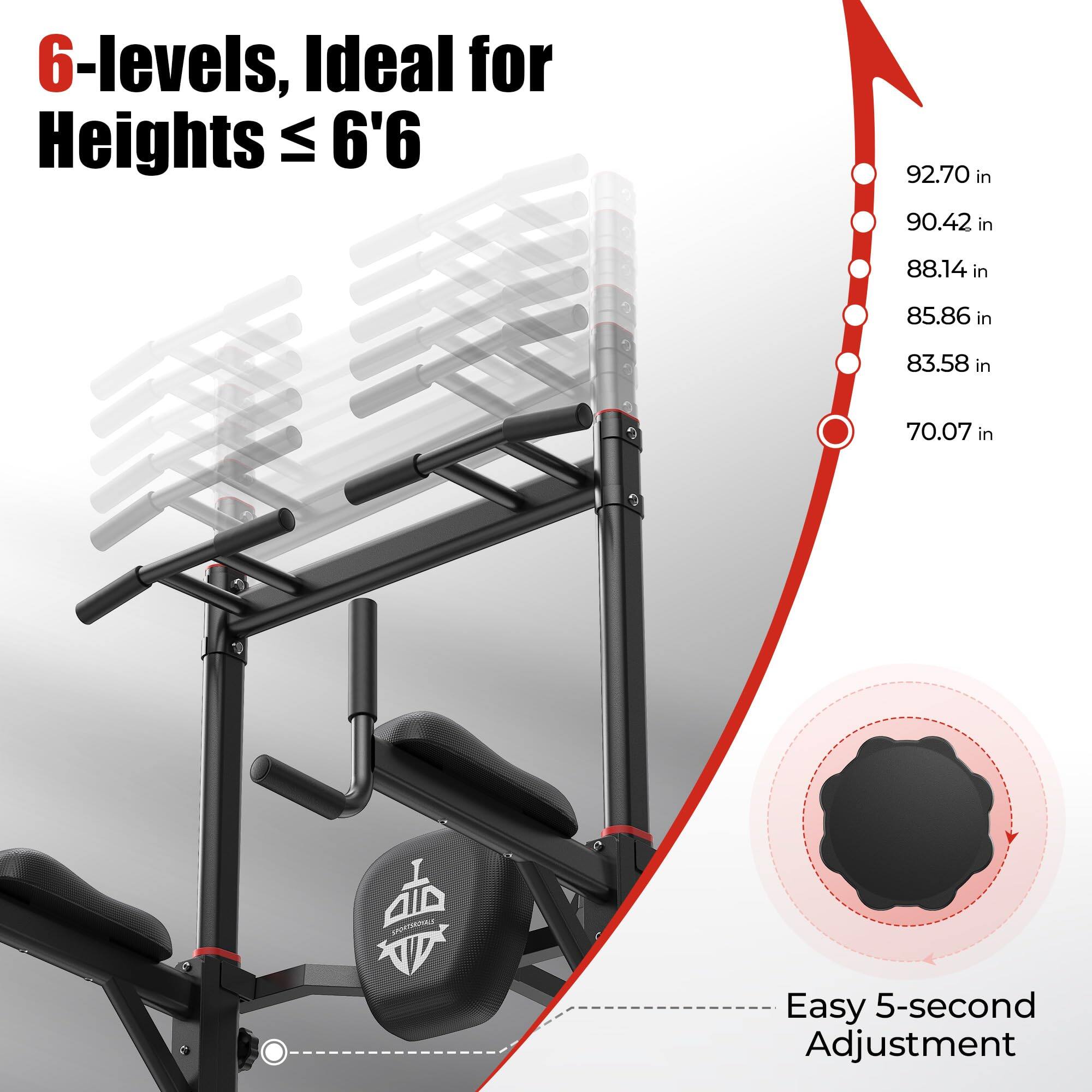 6-levels, Ideal for Heights ≤ 6'6

92.70 in  
90.42 in  
88.14 in  
85.86 in  
83.58 in  
70.07 in

Easy 5-second Adjustment