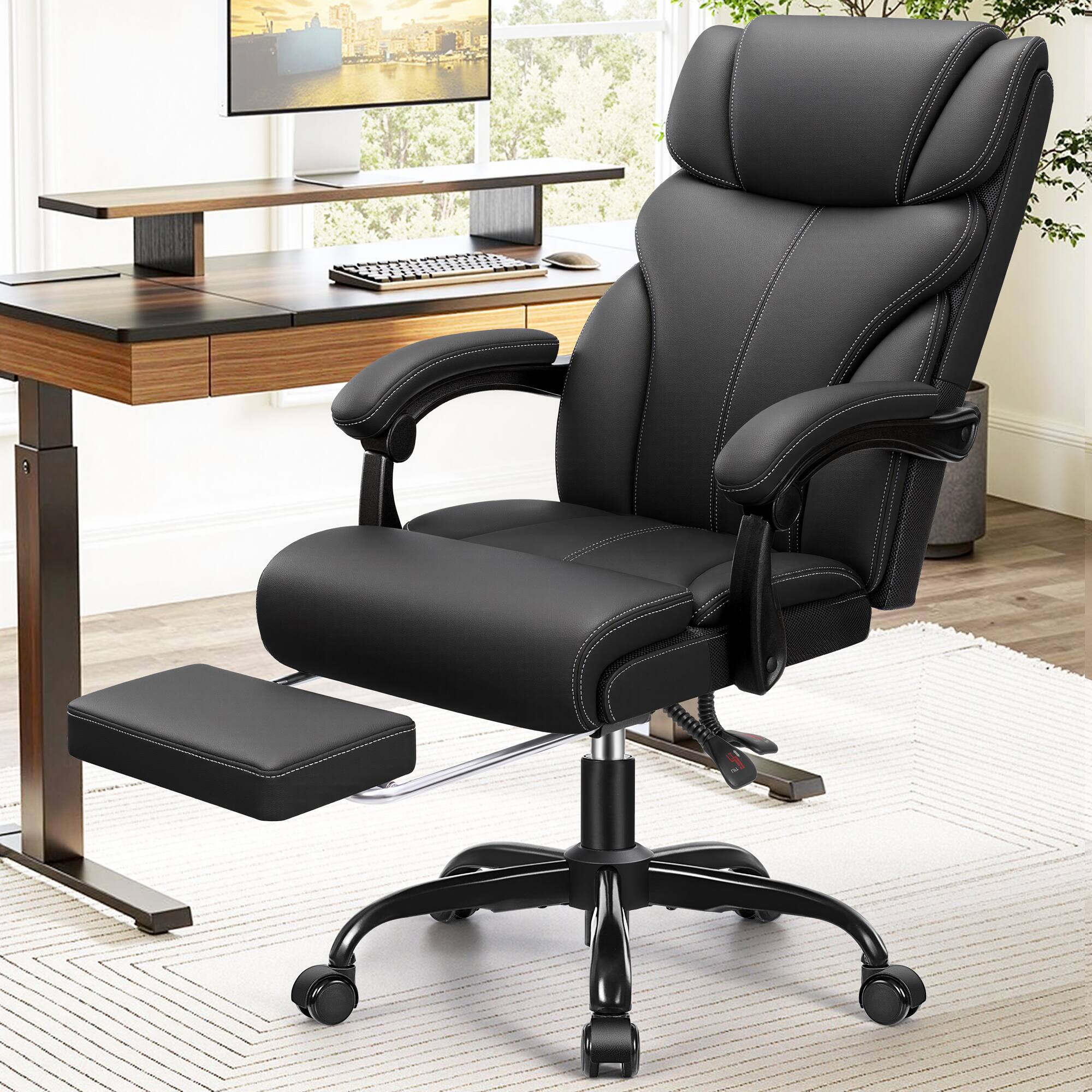 Left. Brick Attic - Office Chair, Executive Leather Chair Big and Tall Ergonomic Computer Desk Chair with Adjustable Footrest Home Gaming - Black.
