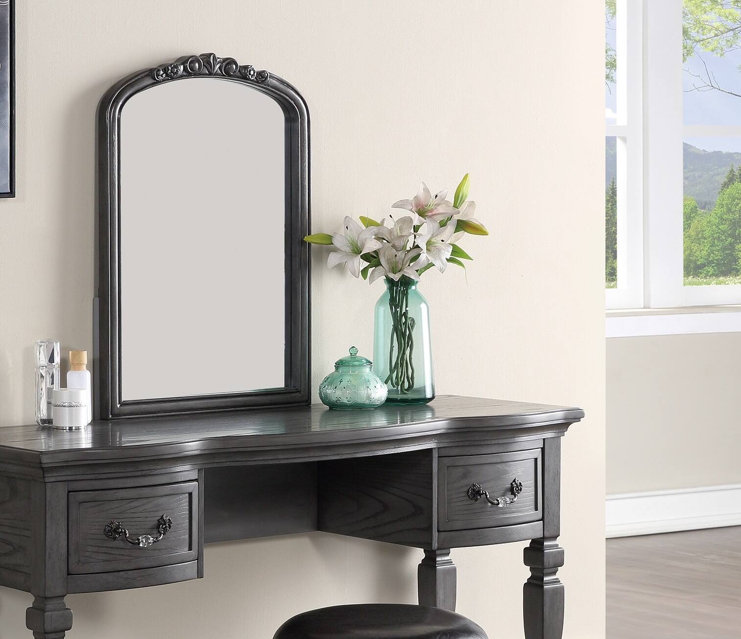 Left. APRILSOUL - Bedroom Classic Vanity Set Wooden Carved Mirror Stool Drawers Antique Grey Finish - Grey.