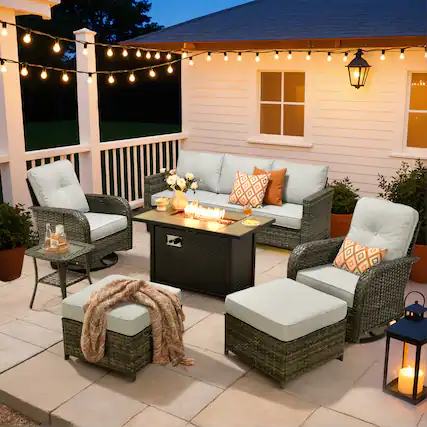 Front. Ovios - 7 PCS Patio Furniture Set, Rattan Sofa with Swivel Chair, Ottoman & 42" Fire Pit Table - Gray.