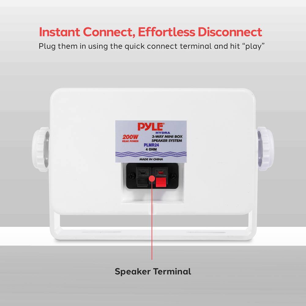 Instant Connect, Effortless Disconnect  
Plug them in using the quick connect terminal and hit "play"  

PYLE HYDRA 200W 3-WAY MINI BOX SPEAKER SYSTEM PLMR24 4 OHM MADE IN CHINA  

Speaker Terminal