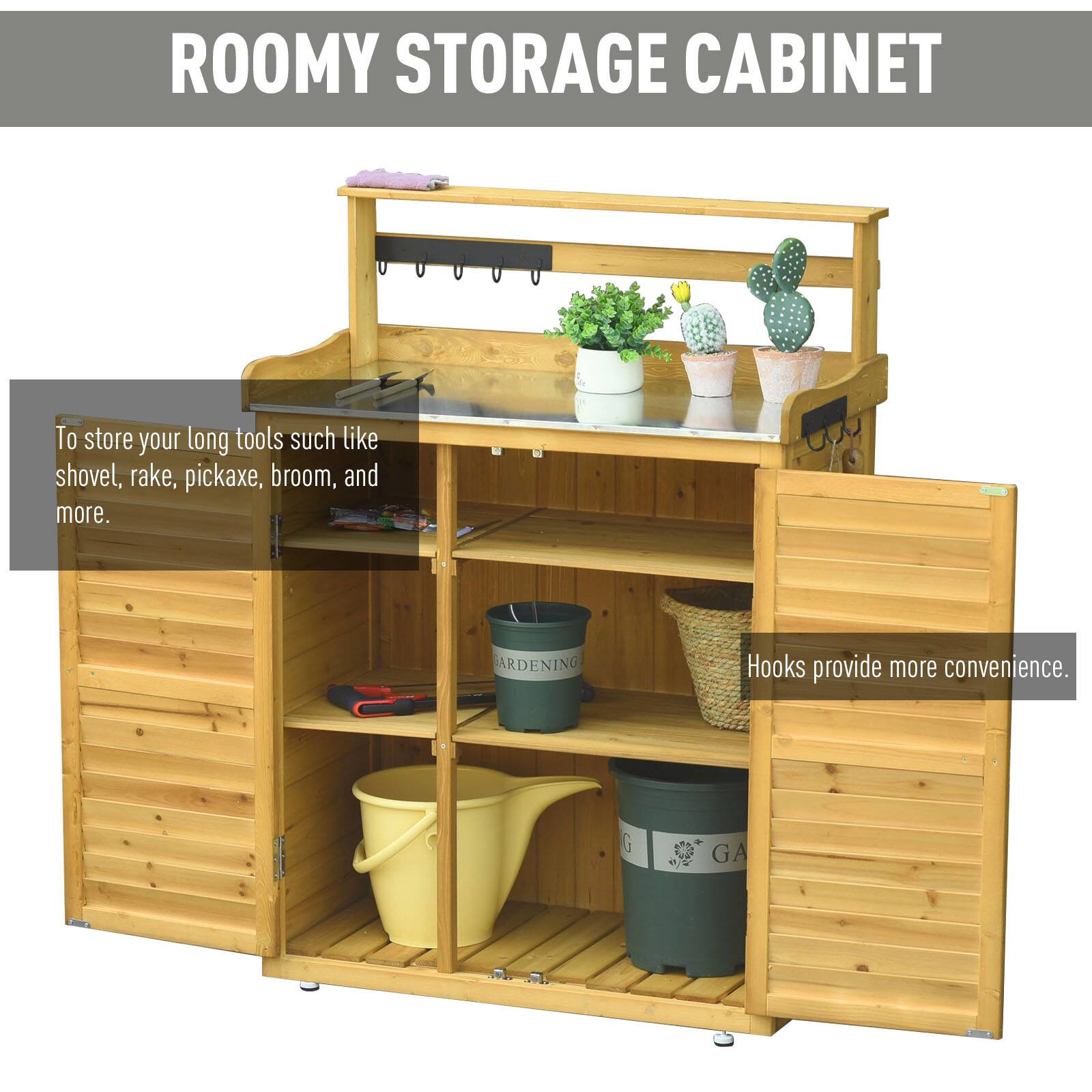 ROOMY STORAGE CABINET - To store your long tools such like shovel, rake, pickaxe, broom, and more. Hooks provide more convenience. GARDENING