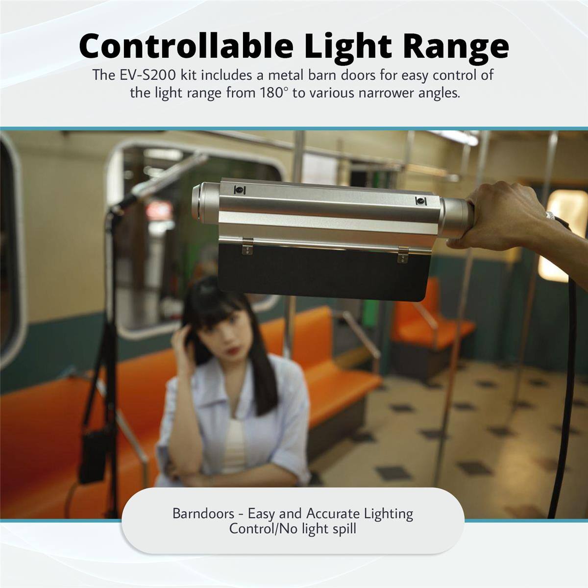 Controllable Light Range  
The EV-S200 kit includes a metal barn doors for easy control of the light range from 180° to various narrower angles.  

Barndoors - Easy and Accurate Lighting Control/No light spill
